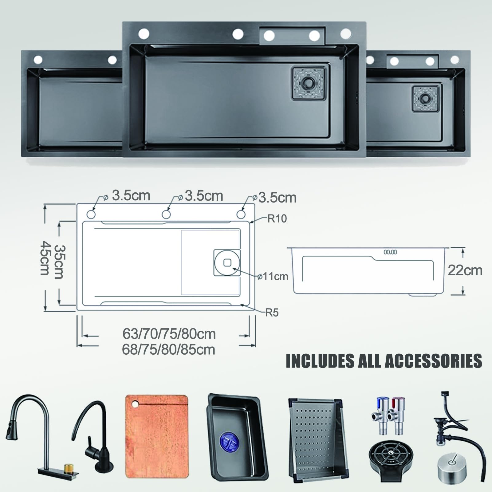 Lavello Cucina 1 Vasca Grande 68x45cm, Moderno Lavello Cucina in Acciaio Inox, Cascata a Lavello Multifunzione, Con Rubinetto, Sifone e Set di Drenaggio (Kitchen Sink)