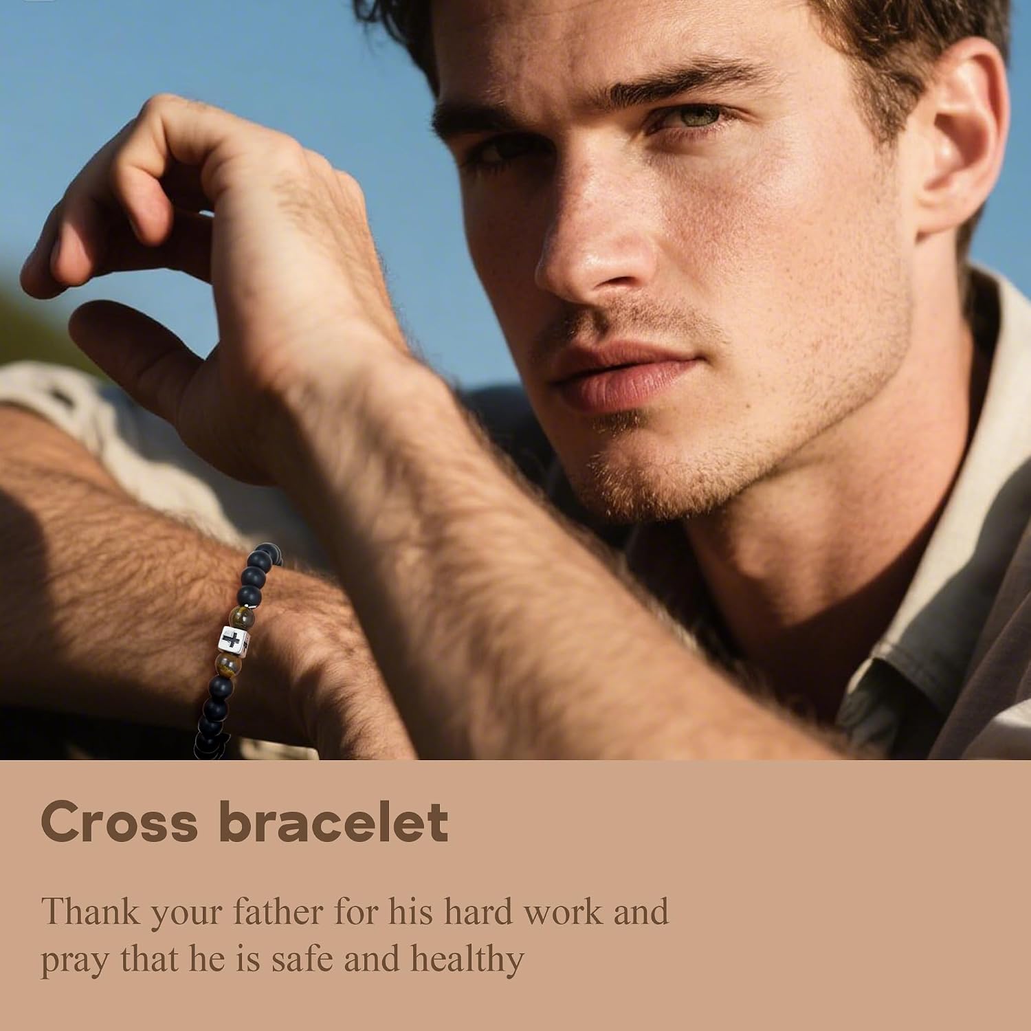 Cross Bead Bracelet for Men, Christian Gifts for Dad, Husband, Adjustable Black Onyx & Tiger Eye Beads with Stainless Steel Cross Charm, Baptism, Confirmation, Easter, Birthday, Graduation Gifts