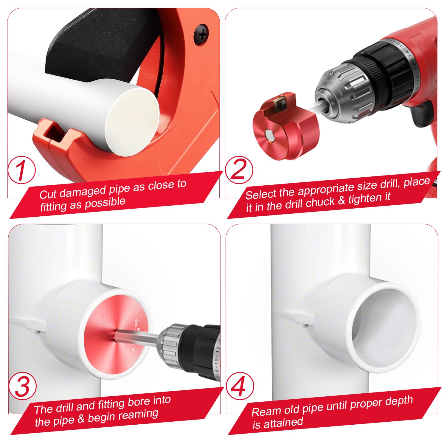 Kit d'alésoir pour tuyau PVC 9 pièces pour perceuses de 1/2" - Alésoir à coupe intérieure de 1/2", 3/4", 1", 1-1/4", 1-1/2", 2", 2,5", 3", 4" pour PVC, CPVC, ABS, conduits et tuyauterie industrielle