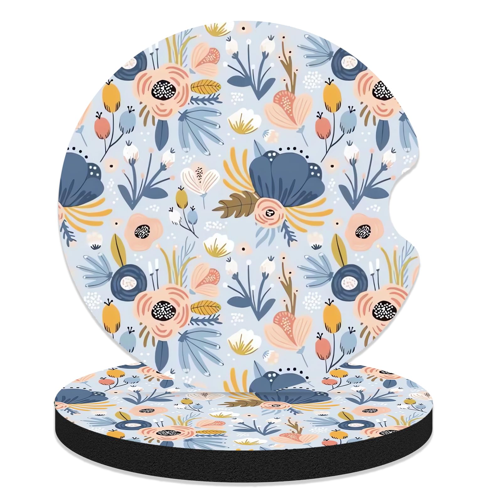 FJyuanqi Car Coasters for Cup Holders, 2 Pack Anti Slip Universal Rubber Cup Coasters for Women & Men, Car Interior Accessories - Blue Abstract Flower