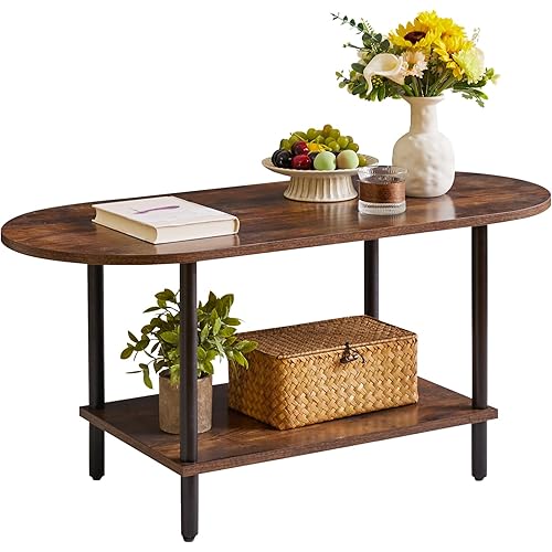 Rustic Coffee Table Small Coffee Table, TV Centre Table Stand 35 * 16 * 17", 2-Tier Oval Wood Tea Table for Living Room Apartment Rustic Brown YD-012H