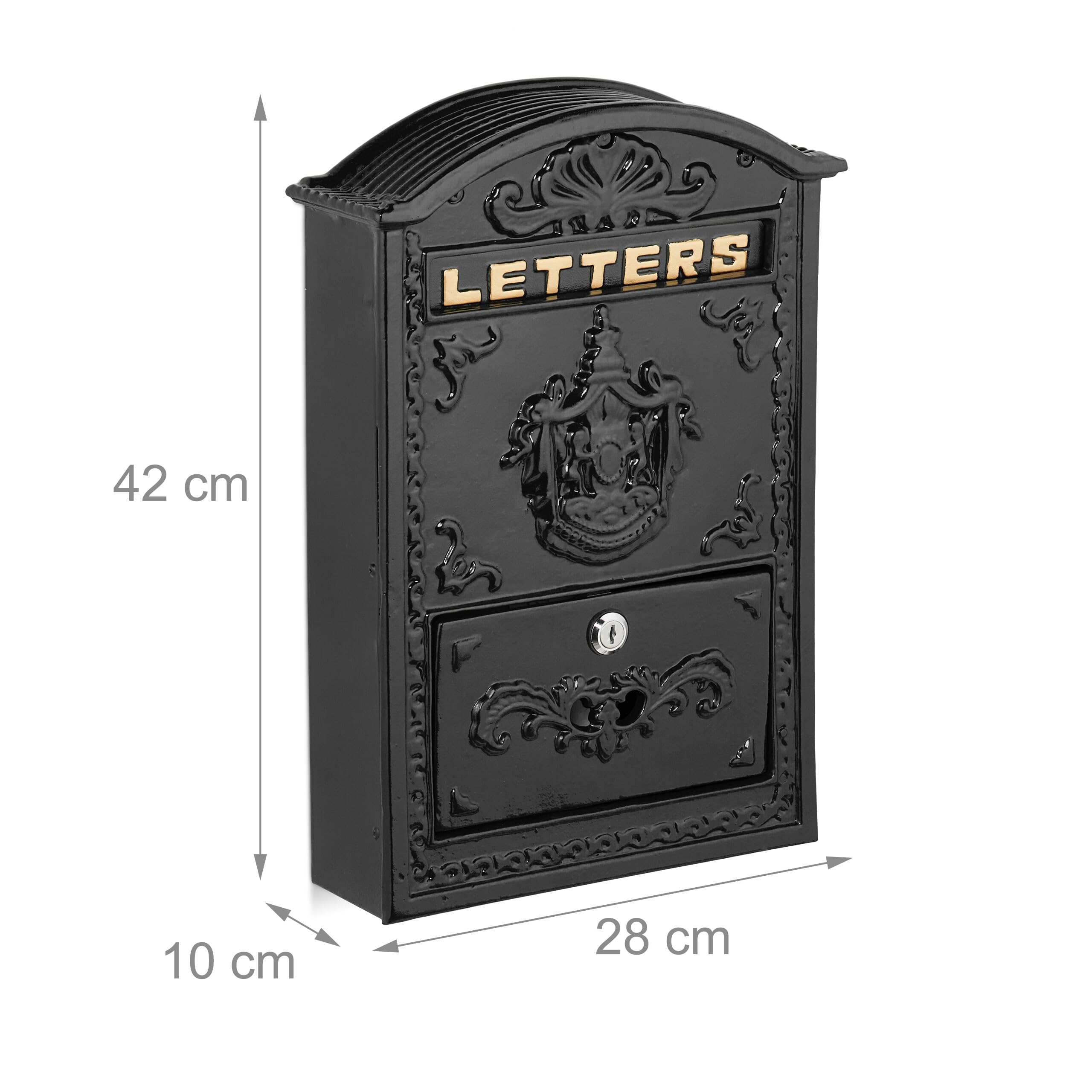 Relaxdays Cassetta Posta, Design Antico, Porta Lettere A4, Casella Postale in Ferro e Alluminio, 42x28x10 cm, Nero Oro