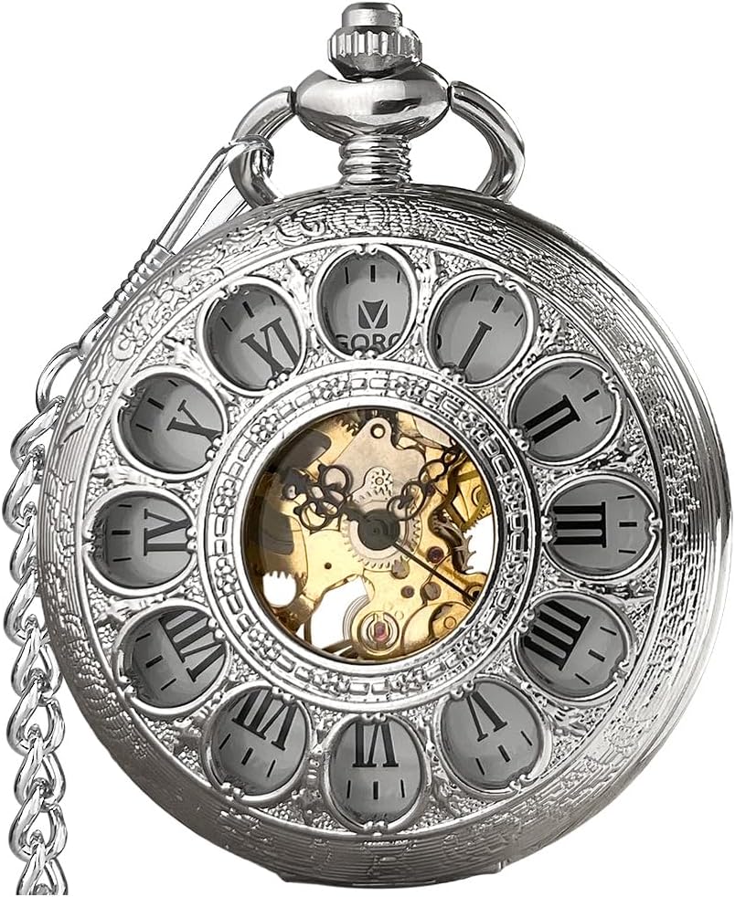 VIGOROSO Vintage Hand Wind Up Pocket Watches for Men, Mechanical Pocket Watch with Chain, Mens Skeleton Pocketwatch