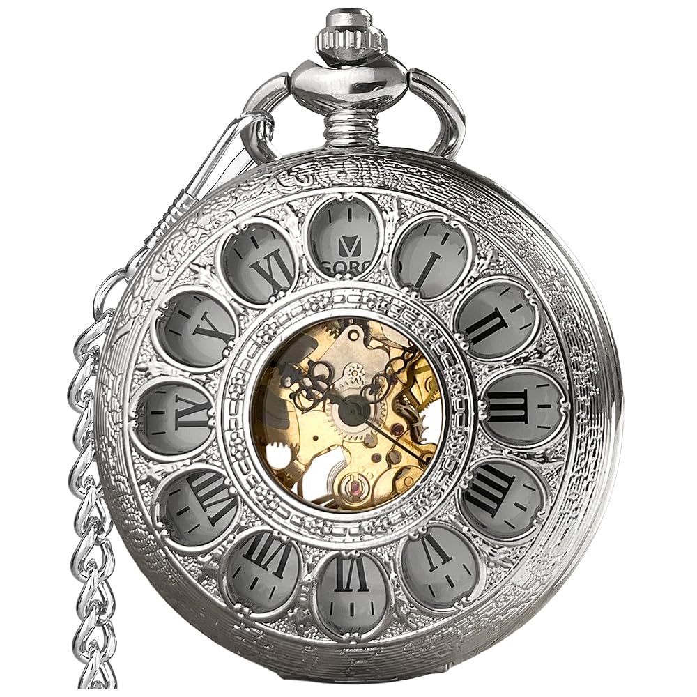 VIGOROSO Vintage Hand Wind Up Pocket Watches for Men, Mechanical Silver Pocket Watch with Chain, Mens Skeleton Pocketwatch