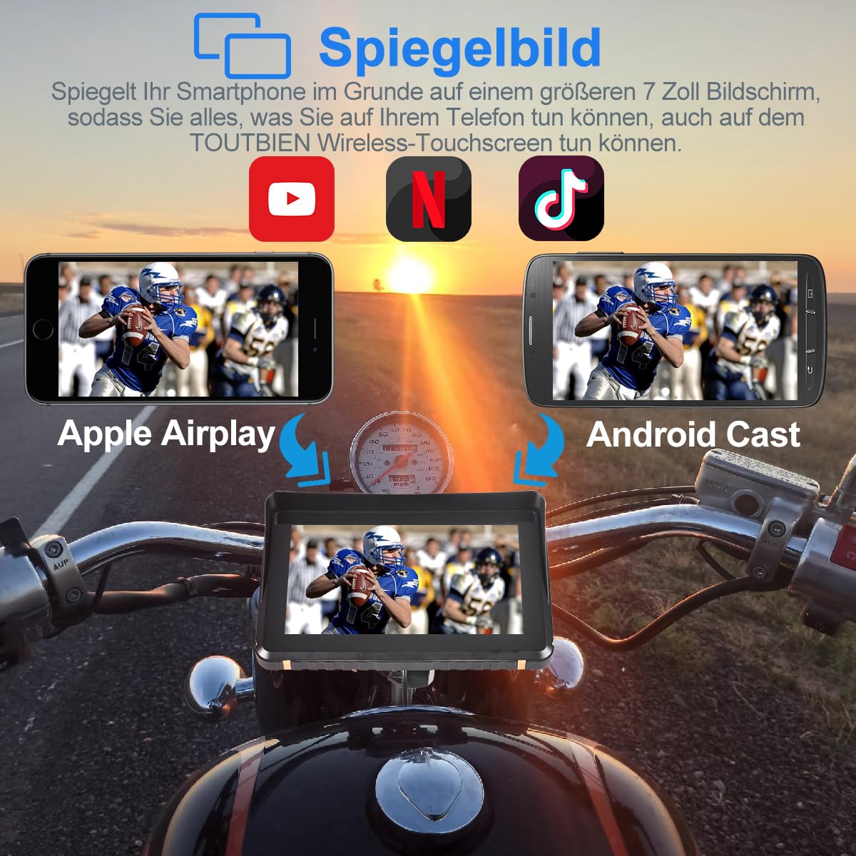 Kabelloser CarPlay für Motorrad, Tragbares Android Auto für Motorräder, 7 Zoll Motorrad GPS Navigation mit IP67 Wasserdichter, Duales Bluetooth/Sprachsteuerung/Navigation/FM/Mirror-Link