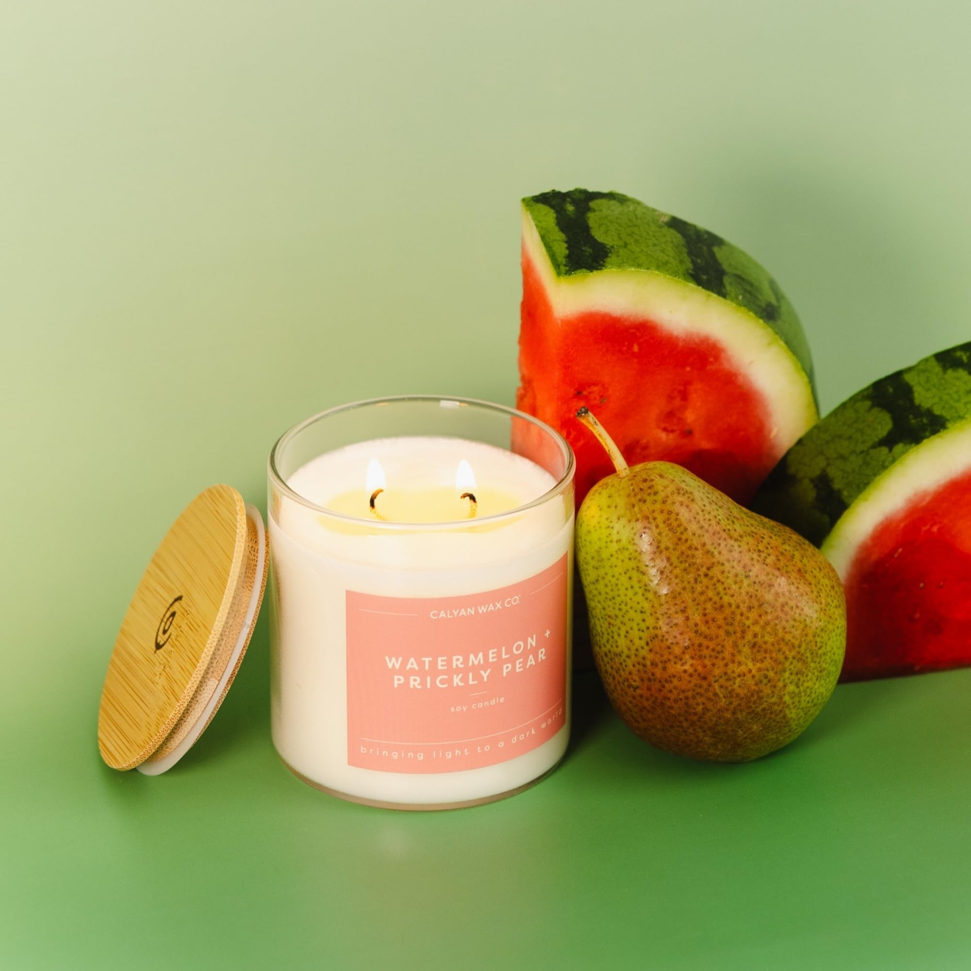 Calyan Wax Co. Vela perfumada de 2 mechas de sandía y pera espinosa – 37 horas de combustión – Velas de cera de soja no tóxicas de lujo – Vela en tarro de vidrio grande de larga duración para el hogar