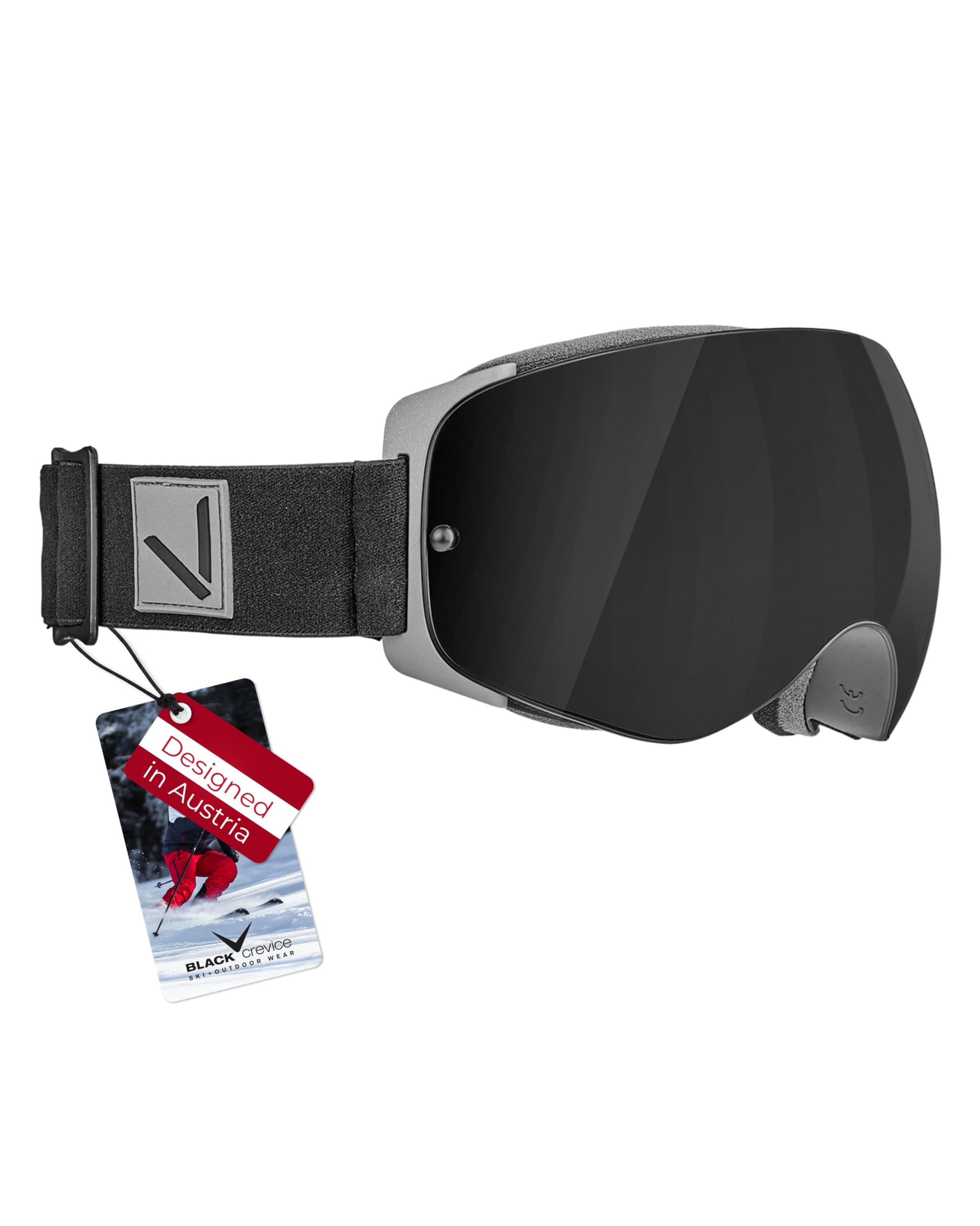 Black Crevice Skibrille I Unisex Skibrille mit rahmenlosen Design I Herren & Damen Skibrille mit UV 400-Schutz I Snowboardbrille mit sphärischen Gläsern I Verspiegelte Schneebrille