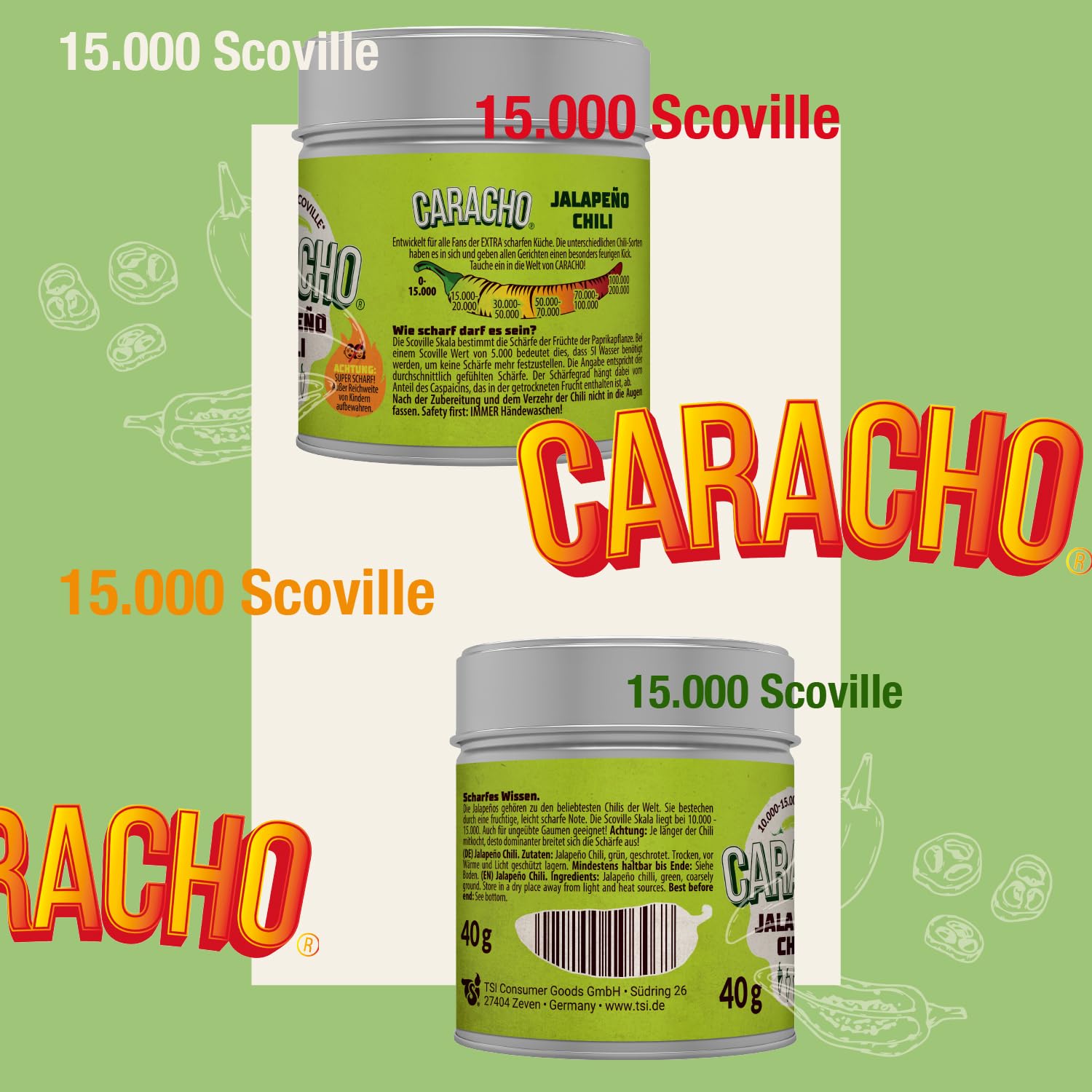 CARACHO 40 g Chile verde jalapeño chatarrado/molido - Premium 100% picante chile en lata de especias de metal/Scoville: 15.000