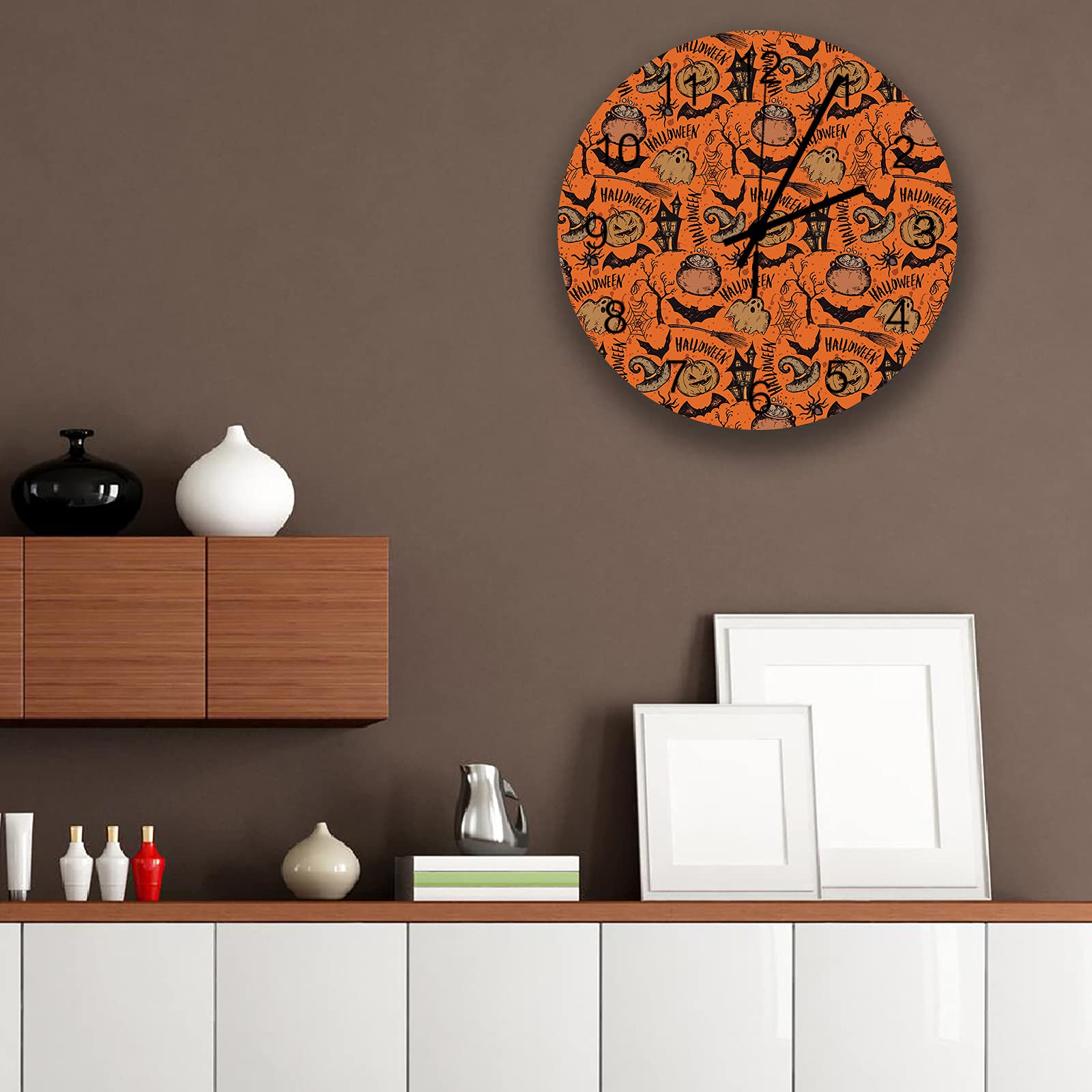 ArneCase Round Wall Clock, Wooden Silent Clocks for Living Room Halloween Theme Pumpkins Castles Bats and Witch Hats in Orange Non Ticking Wall Clocks, Battery Operated 11.8In