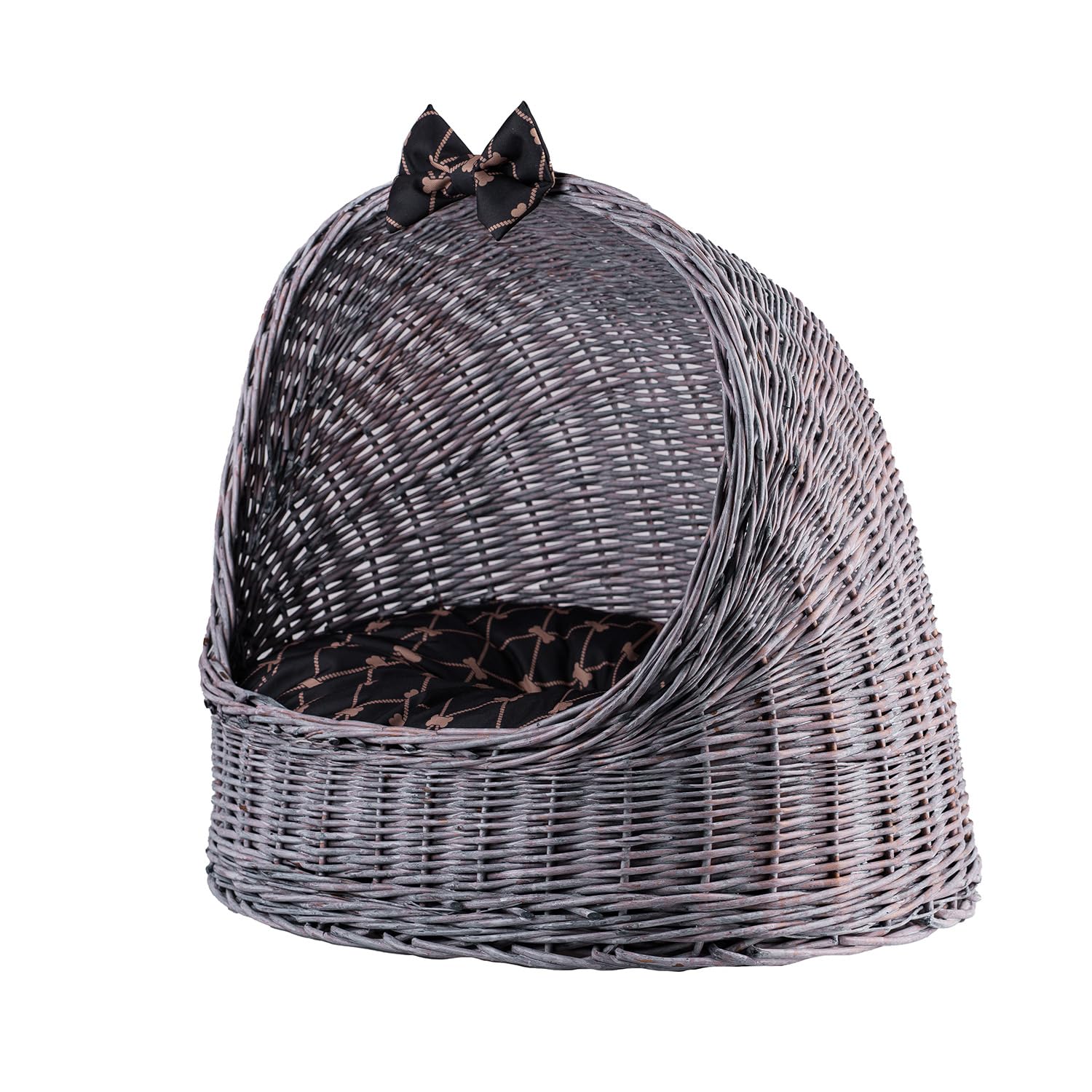 Cuccia per animali in salice, ovale, cuccia per gatti in vimini, cestino per il gatto per il cane, cestino per animali (grigio-nero, 60 x 46 H48)
