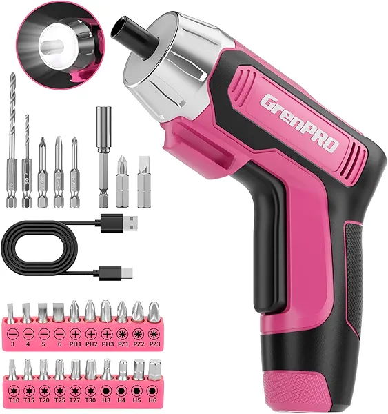 GRENPRO 4V Electric Screwdriver Rechargeable 29pcs, Cordless Screwdriver, USB Small Power Screwdriver Set with Bits, Pink