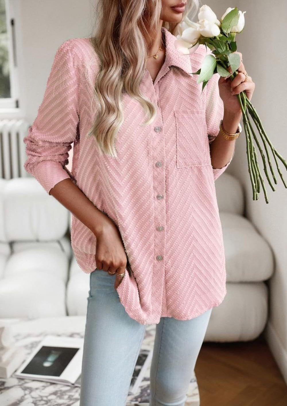 Langarmshirt Damen,Damen Lässige Bluse, Revers, Button Down Hemdjacke, Beige, Einfarbig, Gewellter Jacquard Mit Taschen, Stilvolles Hemd Mit Langen Ärmeln, Elegante Bluse, Blusen Tops Zum Ausgehen