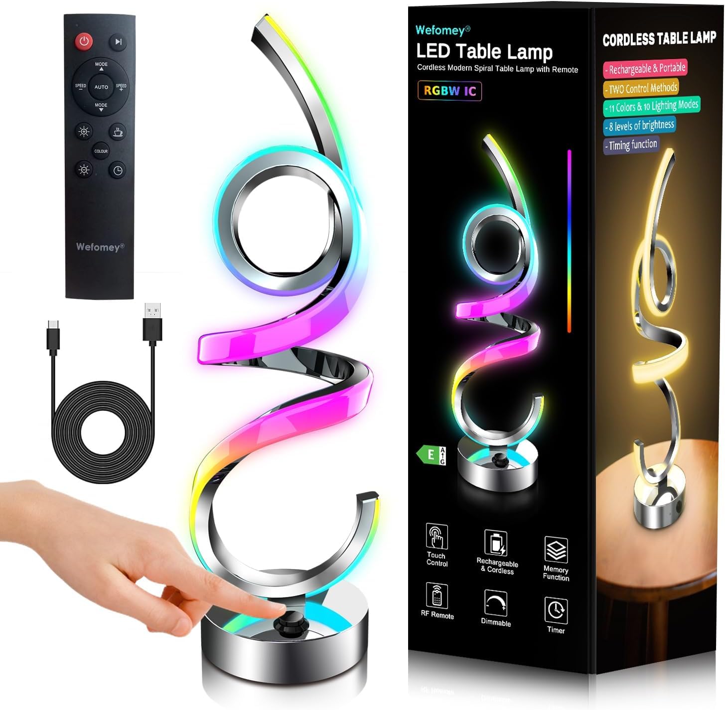 Lampada da comodino a LED dimmerabile, RGB bianco caldo, senza fili, a spirale, moderna, con batteria, ricaricabile, 10 modalità dinamiche con telecomando e timer, luce notturna per camera da letto