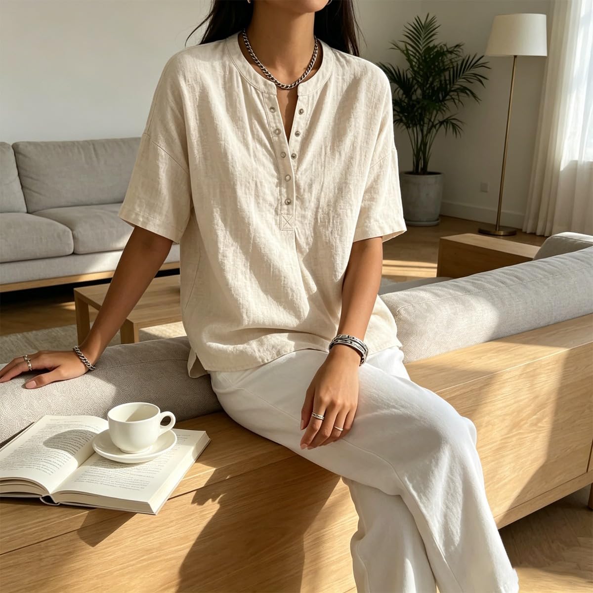 Women’s Casual Henley Collar Linen and Cotton Short-Sleeve Shirt Perfect For Laid-Back Days, Combines Comfort and Style