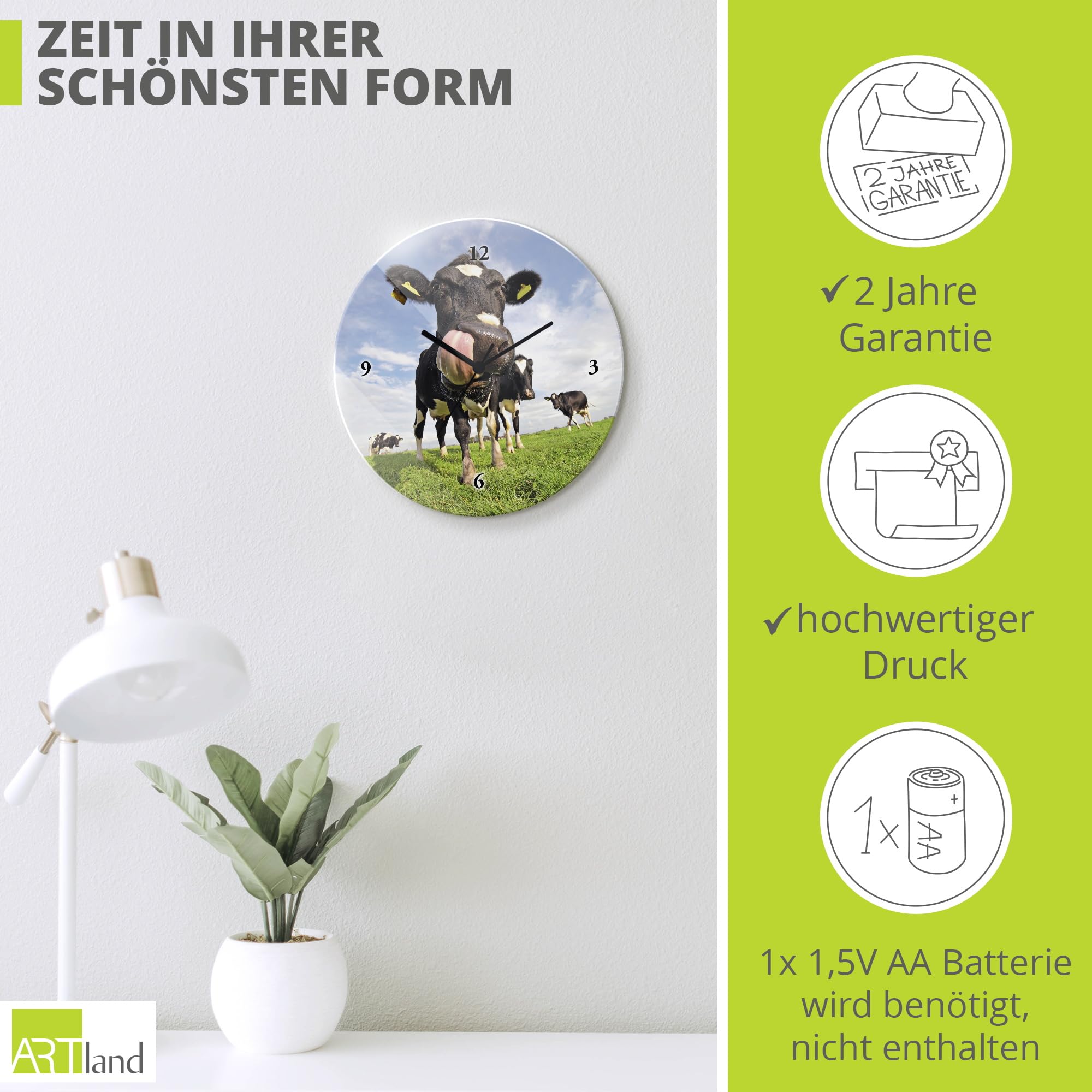 ARTLAND Wanddeko Wanduhr ohne Tickgeräusche Glas Funkuhr Ø 30 cm Rund Lautlos Tiere Kuh Lustig Ländlich Hipster Originell Landhaus T5WJ