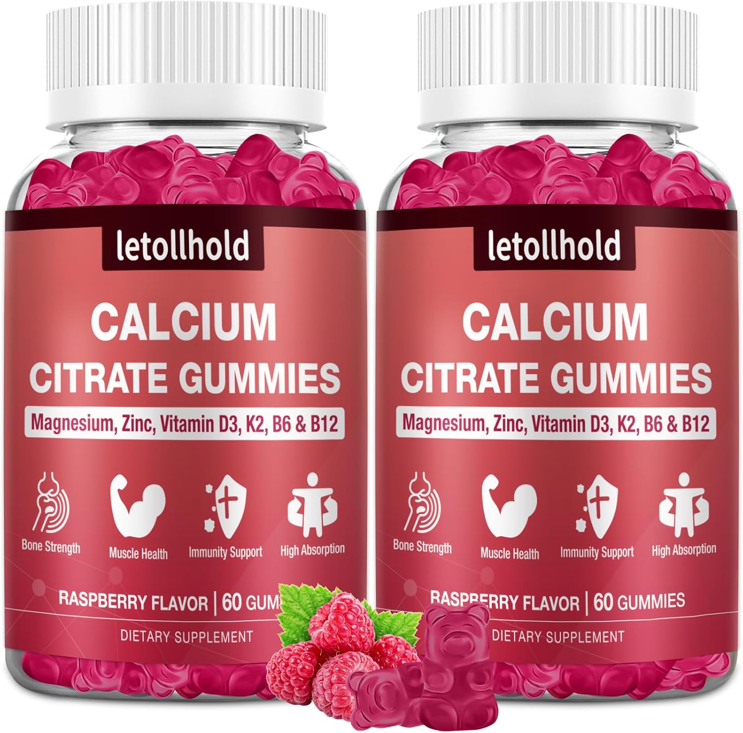 Calcium Citrate Gummies - 1200mg Calcium Gummies with Magnesium Zinc Vitamin D3,K2, B6, B12 for Bone, Muscle, Joints, Immune Support, High Absorption Calcium Supplements for Women Raspberry Flavor