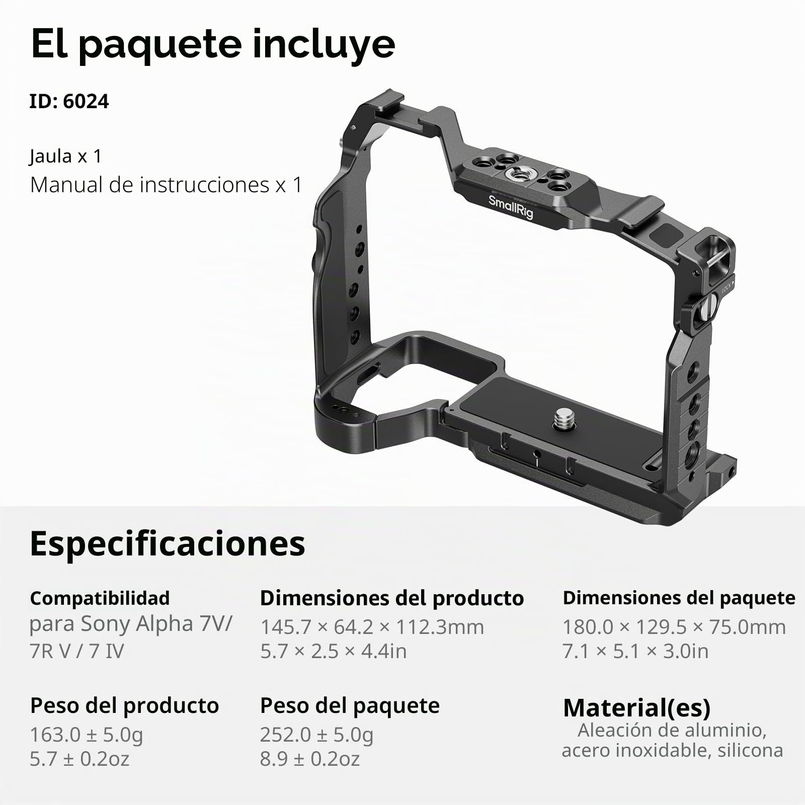 SMALLRIG Jaula HawkLock de Liberación Rápida para Sony Alpha 7 V/7R V/7 IV, con Placa QR para Arca, Riel NATO, Enchufe QD y Zapata Fría, Compatible con Estabilizadores dji RS - 6024