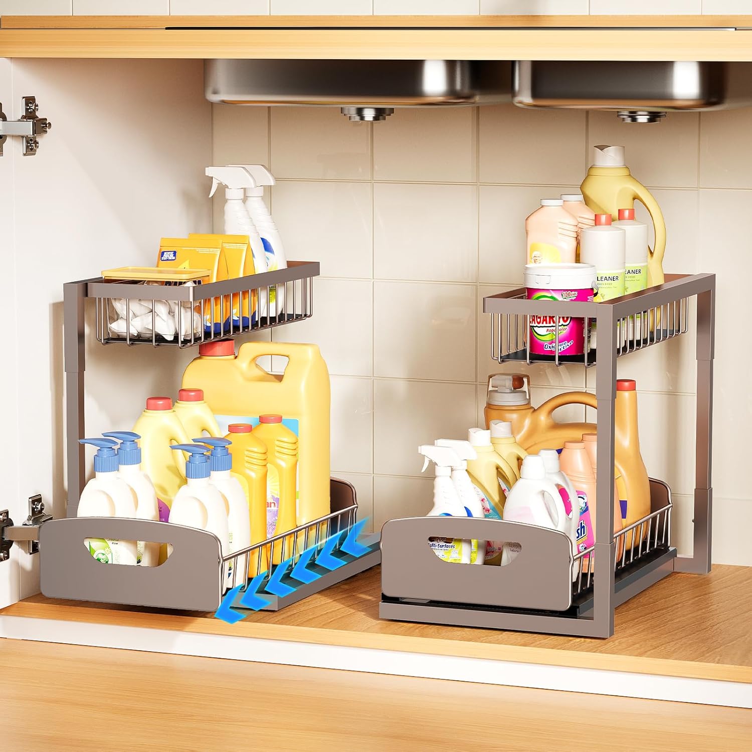 Under Sink Organizer 2 Pack,Metal Pull Out Cabinet Organizer Shelf,Kitchen Bathroom Organizers and Storage with Sliding Drawer,Storage Shelves,Storage and organization for Home,Laundry,RV,Pantry,Spice