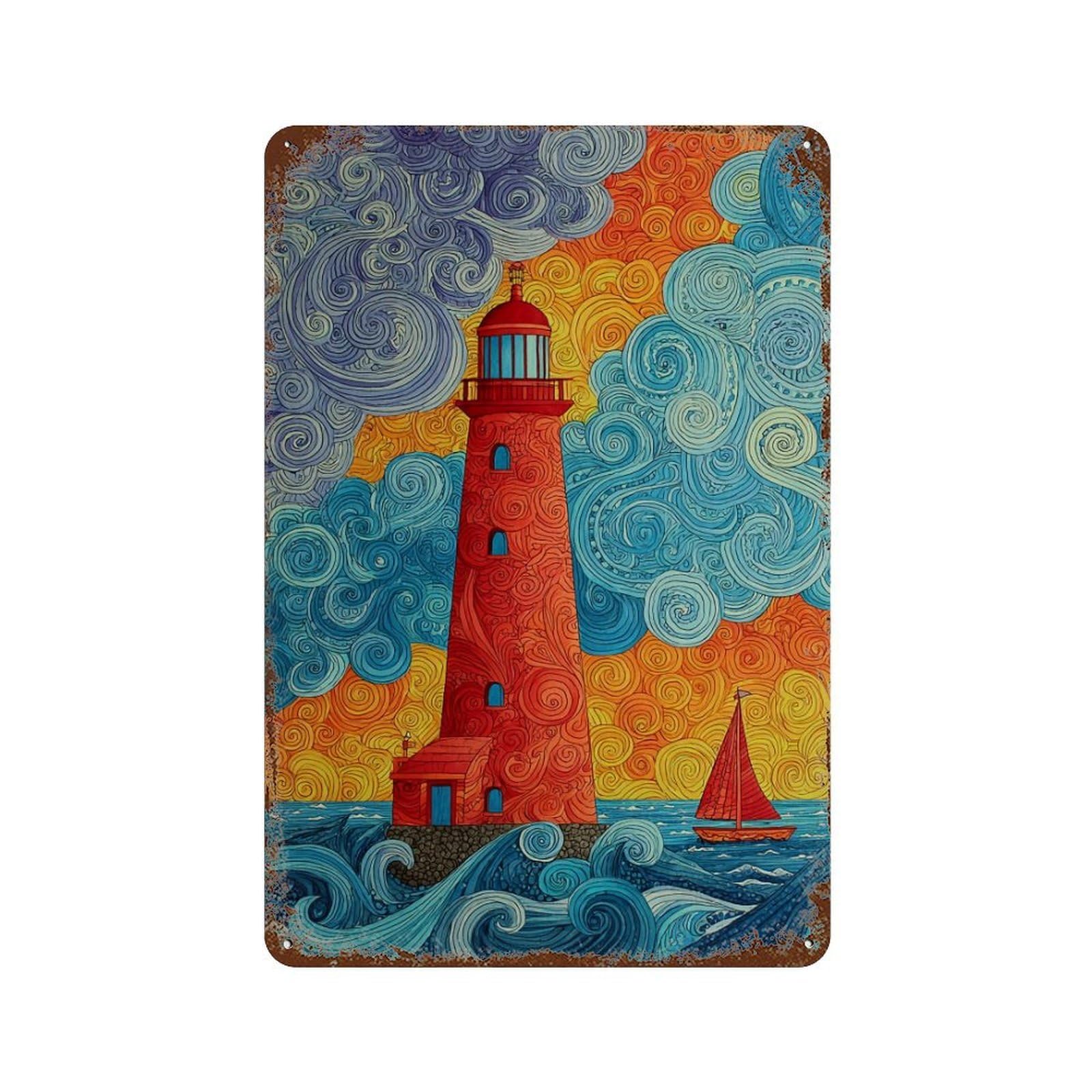Garage Style Lighthouse Ocean Waves Sunset Weathered Tin Sign 11.8"x7.9", Shabby Chic Decor for Bar And Workshop