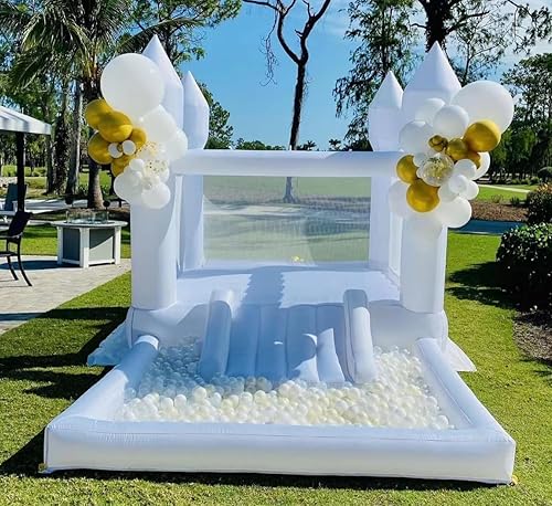 Miniatura 3 de Casa de rebote blanca con soplador 13 pies de largo x 8 pies de ancho x 8 pies de alto castillo blanco con temática de castillo con tobogán y pozo
