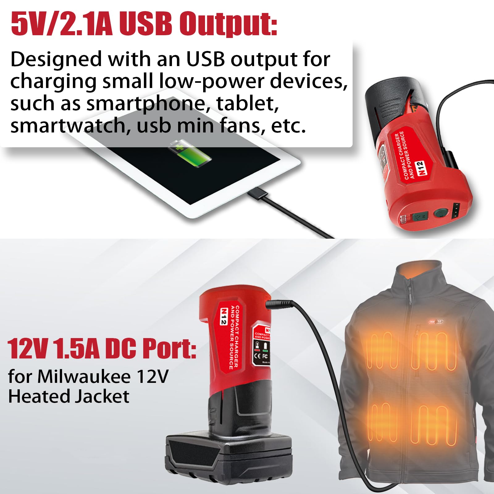 M-12 USB Power Source Battery Charger with Type-c Port & DC 12V Outlet Replacement for Milwaukee m-12 12V Battery Adapter Milwaukee Heated Jacket 49-24-2310 48-59-1201 Compatible with 48-11-2420