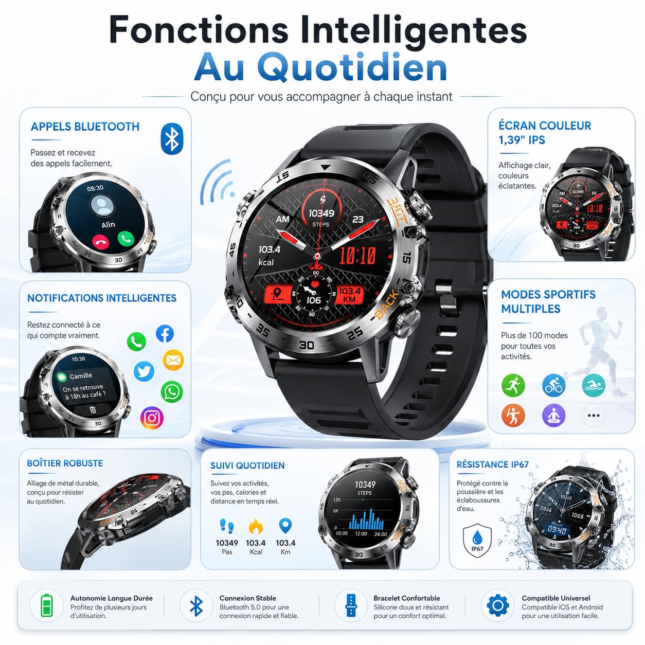 Onyxus Fitforce K52 Montre Connectée Bluetooth avec Appels, Écran Renforcé, Suivi du Sommeil, Autonomie 5 à 7 Jours, Montre Sport Étanche pour Homme Femme (Orange)