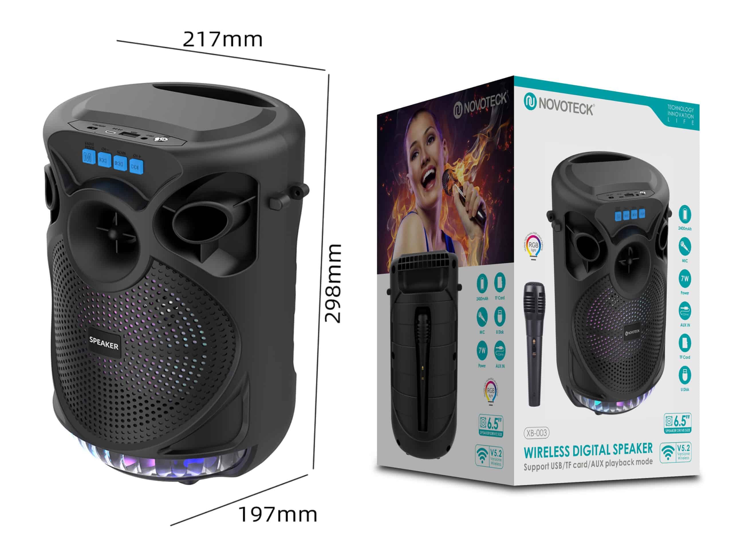Altavoz Karaoke Bluetooth 5.3 RGB 6,5” 7W con micrófono para móvil | Compatible con iPhone, Android, tablet y PC; 6,5”, 7W, RGB, micrófono con cable, asa, correa y USB/AUX.