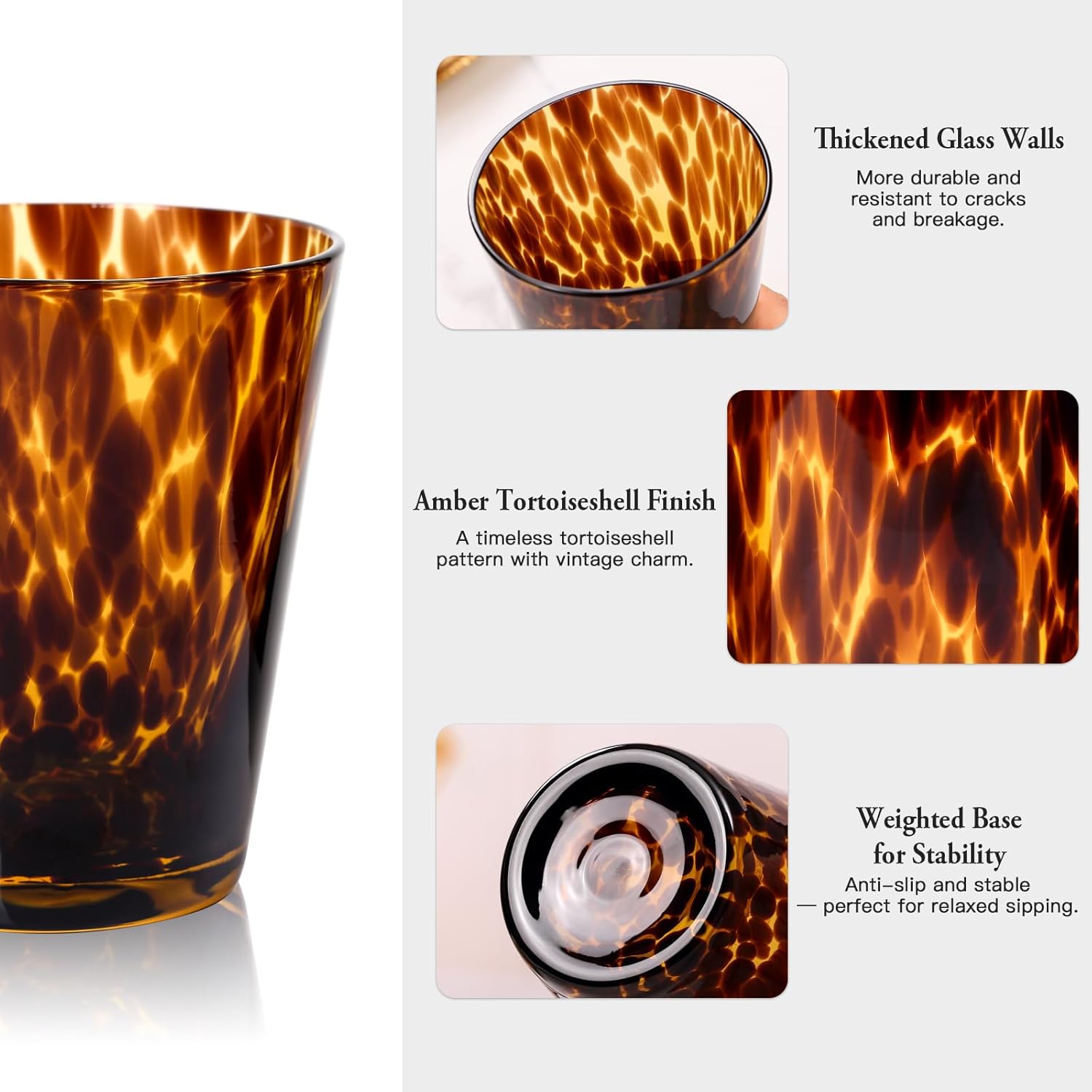 Tortoise Shell Drinking Glasses Set of 4, Brown Decorative Tortoise Shell Tumbler Cups for Wine & Drinks，Drinking Glasses for Wedding Gifts, Housewarming, Cocktail Party,10oz