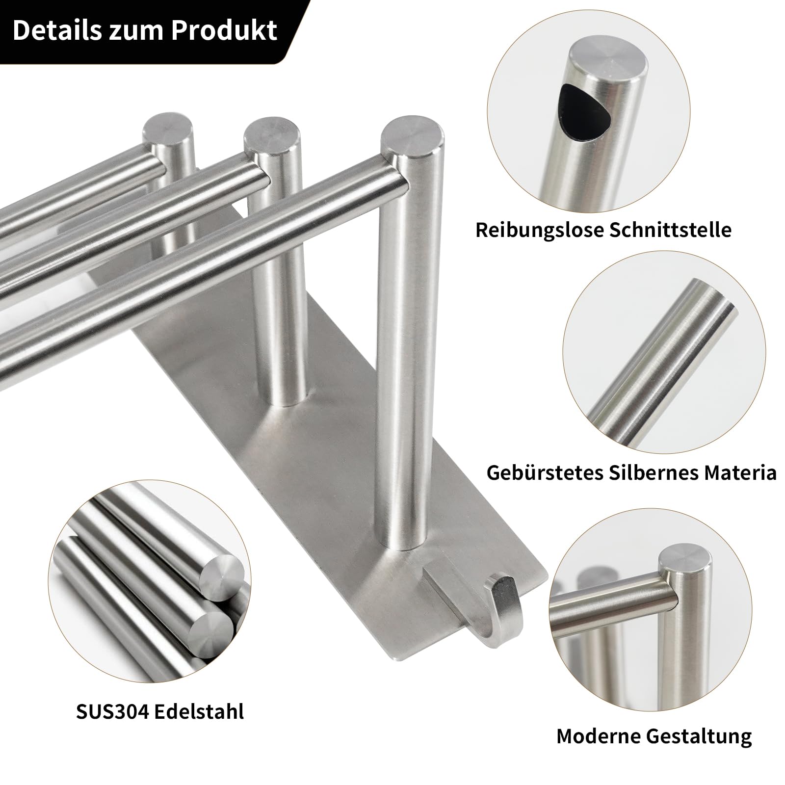 Vista Handtuchhalter 3 Stangen ohne Bohren 75cm SUS304 Edelstahl Selbstklebende Handtuchhalter Silber Badezimmer Handtuchhalter mit Zwei Haken für Küche, Bad, Schlafzimmer Silber