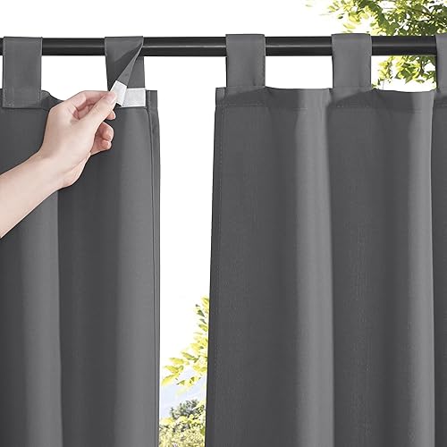 RYB HOME Indoor Outdoor Curtains, 2 Panels Set Self-Adhesive Top Tap Waterproof Drapes for Pergola, Cabana Sun & Heat Block for Window Decor, Grey, W55 x L84 inches