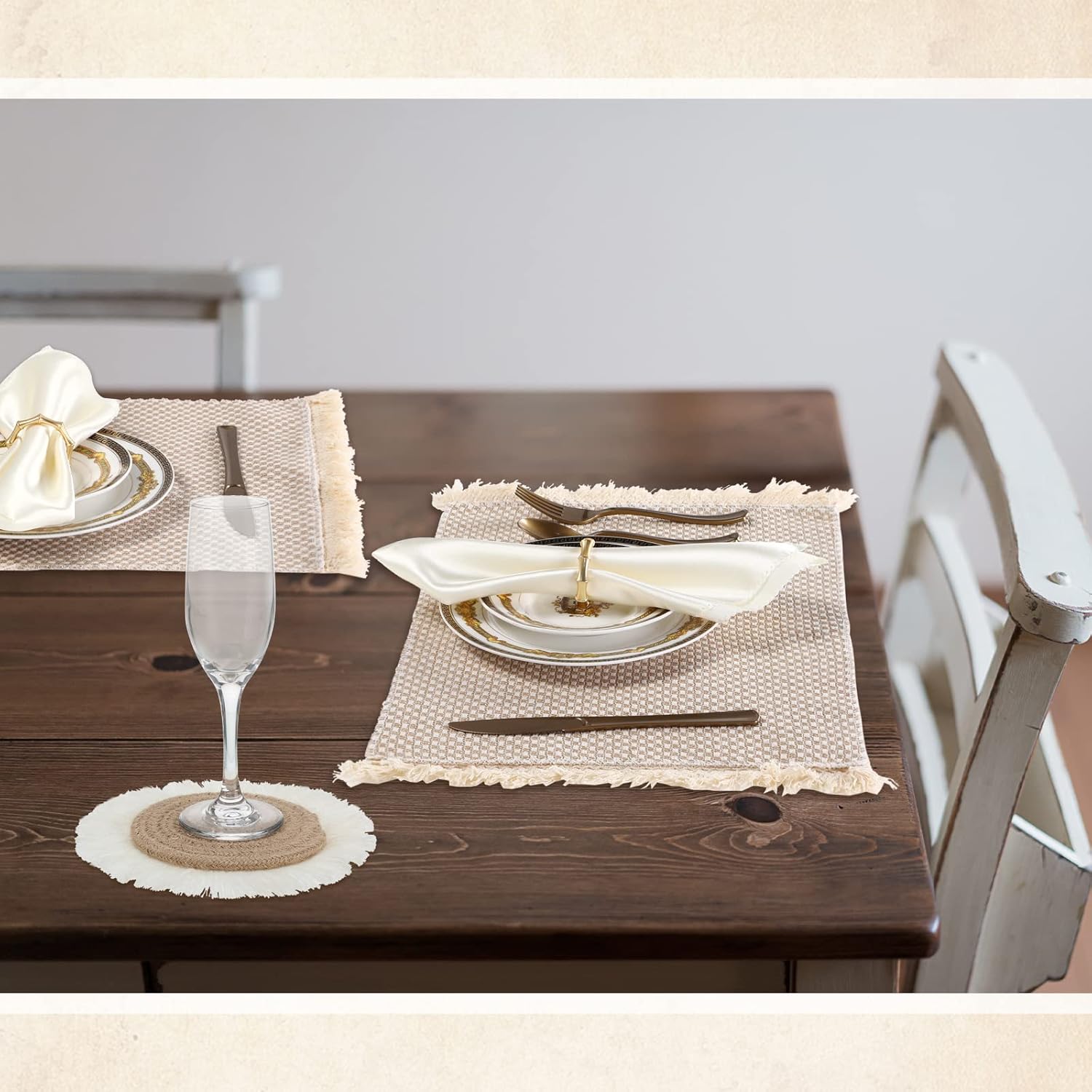 Boho Macrame Table Runner Placemat and Coaster Set of 13, Rustic Table Runner with Tassel Absorbent Boho Placemat Natrual Burlap Farmhouse Coaster for Drink Bohemian Dining Kitchen Desk Decor (Retro)