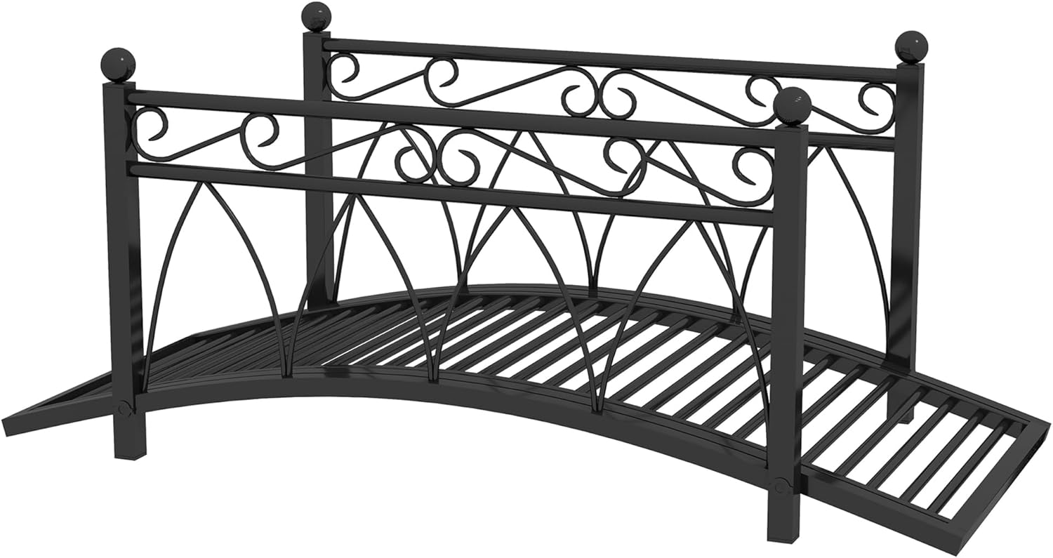 3.3' Metal Arch Zen Garden Bridge with Safety Siderails, Decorative Footbridge, Delicate Scrollwork & Corner Spheres for Stream, Fish Pond, Black