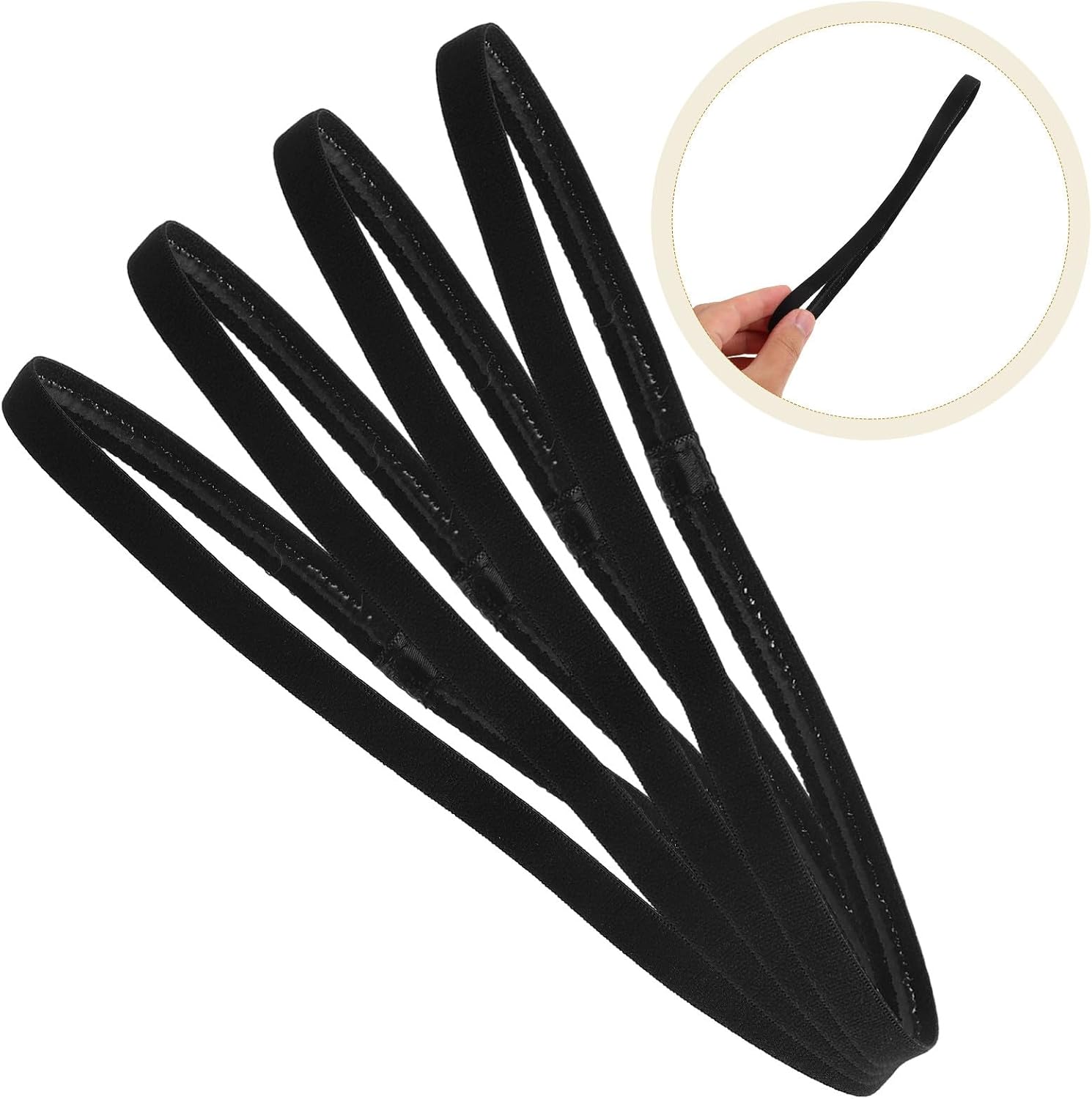 4pcs Non-Slip Black Sweat Headbands for Women and Men, Elastic Sports Hairbands Moisture-Wicking Exercise Headbands for Running, Yoga, Fitness, Workout