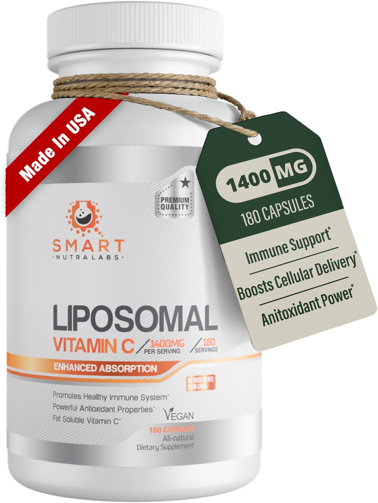 Liposomal Vitamin C 1400mg- 180 Vegan Capsules- China Free Ingredients, Fat Soluble High Absorption VIT C- Supports Healthy Immune System & Collagen Booster- Powerful Antioxidant Support Supplement