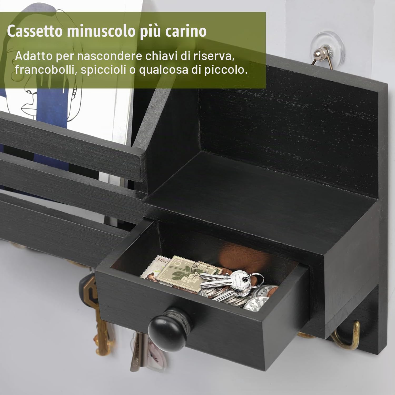 Appendi Chiavi a Muro con Cassetto Portaoggetti, Appendi Chiavi Ingresso con 4 Doppio Ganci, Portachiavi da Parete in Legno, Mensola da Parete per Casa, Ingresso, Ufficio - Nero