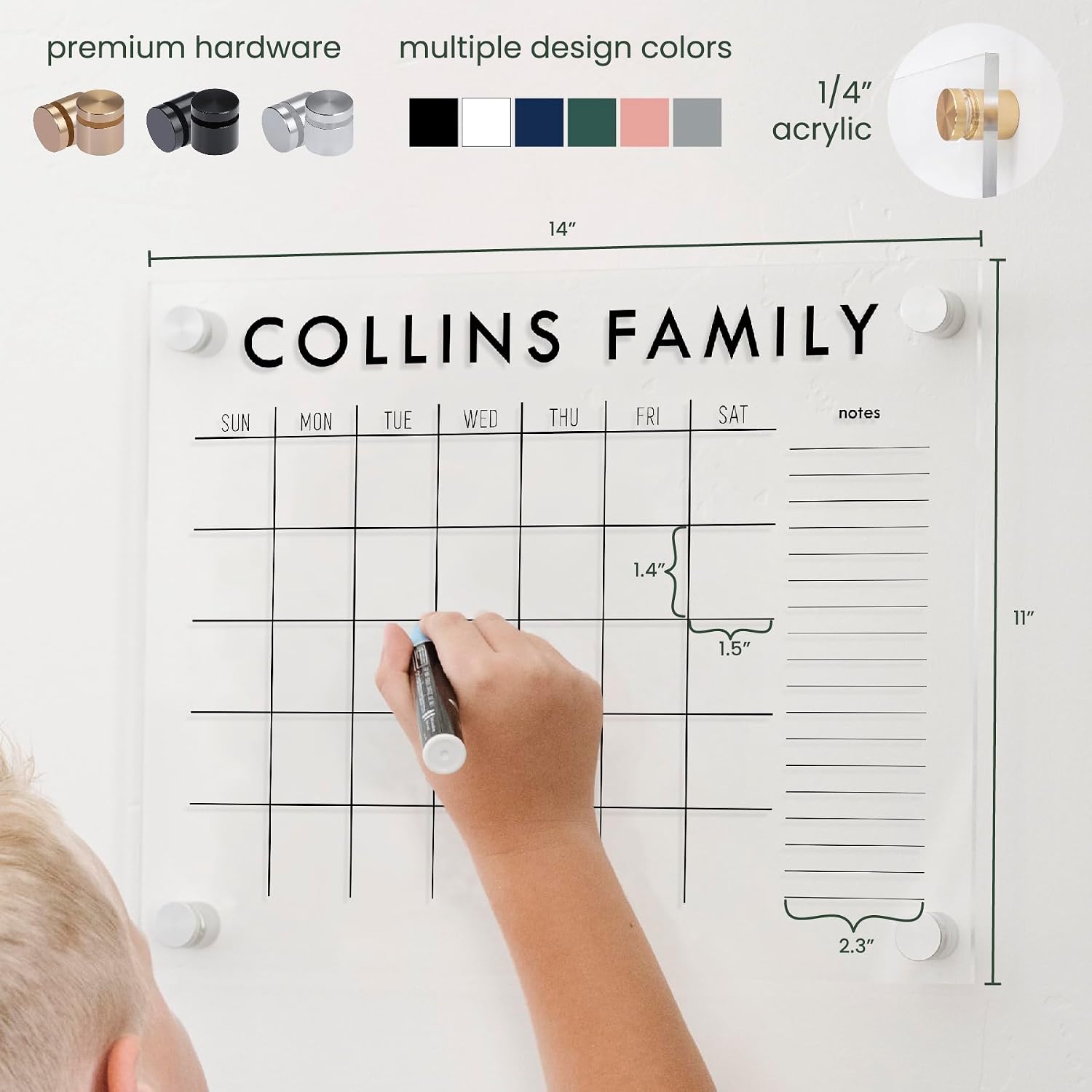 Personalized Acrylic Calendar for Wall, Family Calendar, Horizontal Wall Calendar, Housewarming Gift (Block, Black, 14"W x 11"H)
