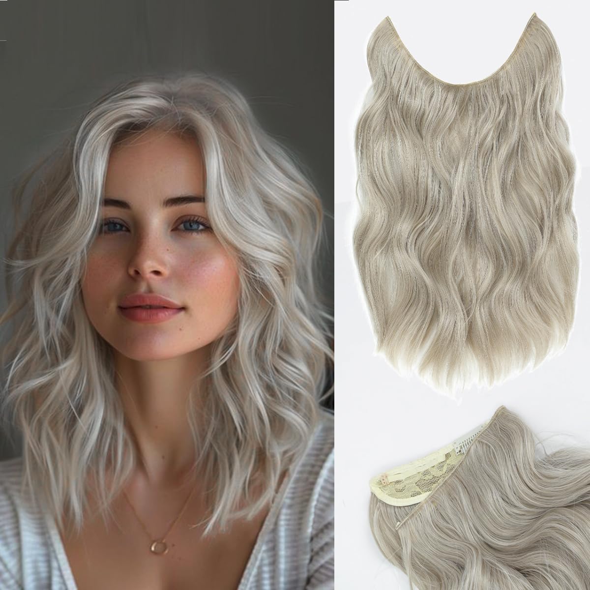 Invisible Wire Hair Extensions One Piece Wavy hair Extension Synthetic HairPieces for Women 12 Inch Ash Platinum Blonde hairExtensions for Daily Wear Party