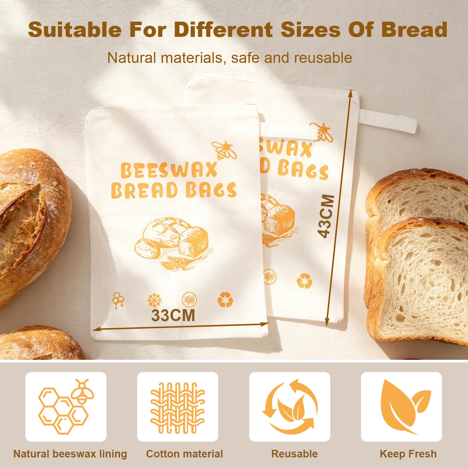 Lot de 2 sacs à pain en cire d'abeille avec ouverture en forme de L, 43 x 33 cm, sacs de rangement réutilisables en coton, faciles à remplir et à nettoyer, parfaits pour le pain au levain et fait