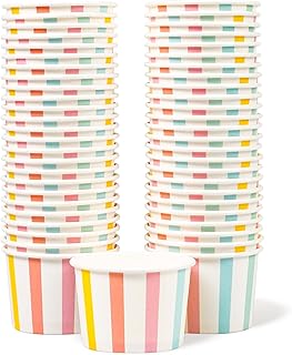 MATICAN Paper Ice Cream Cups - 50-Count 4-Oz Disposable Dessert Bowls for Hot or Cold Food, 4-Ounce Party Supplies Treat Cups for Sundae, Frozen Yogurt, Soup, Pastel Stripes