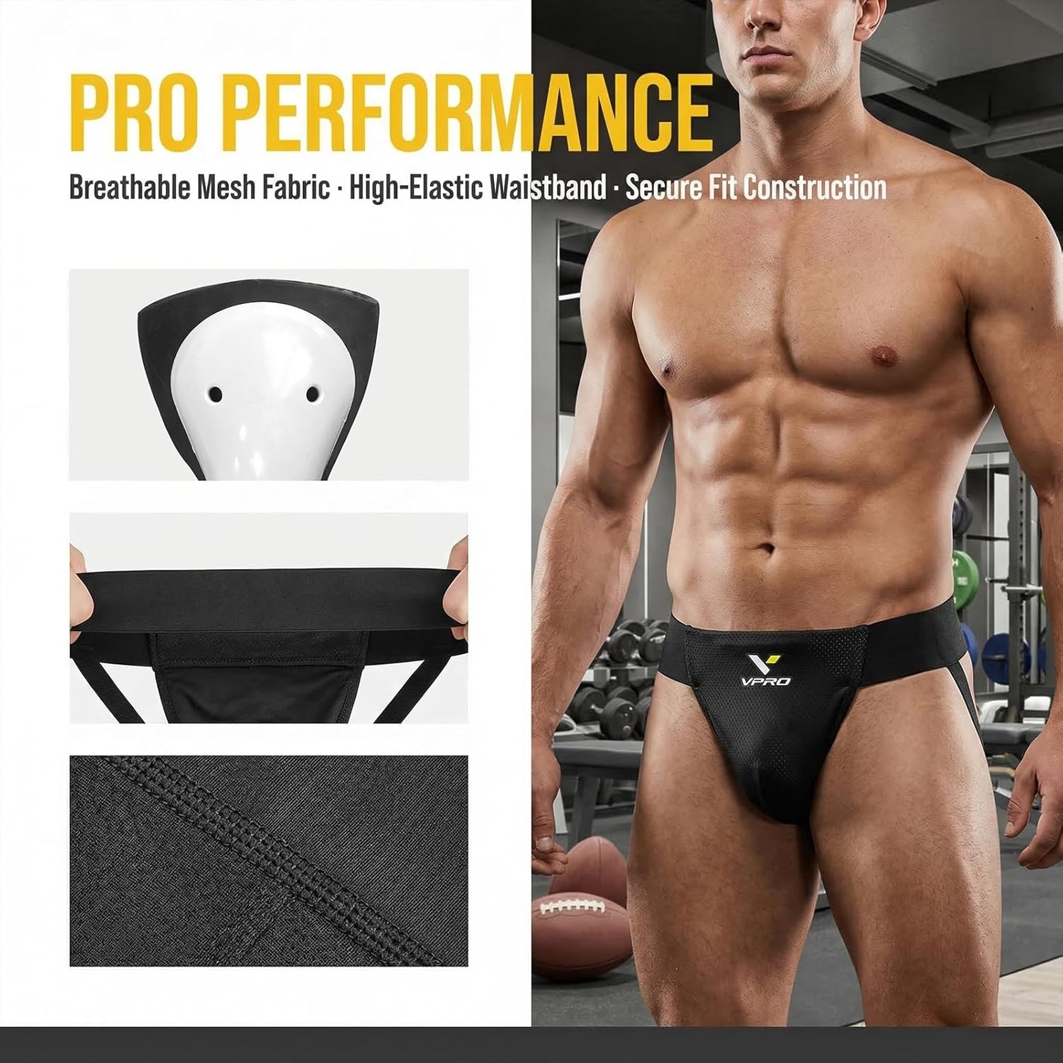 VPRO Ice Hockey Jock Strap with Athletic Cup, Shock Absorbent Groin Protector for High Impact Sports, YT, JR&SR