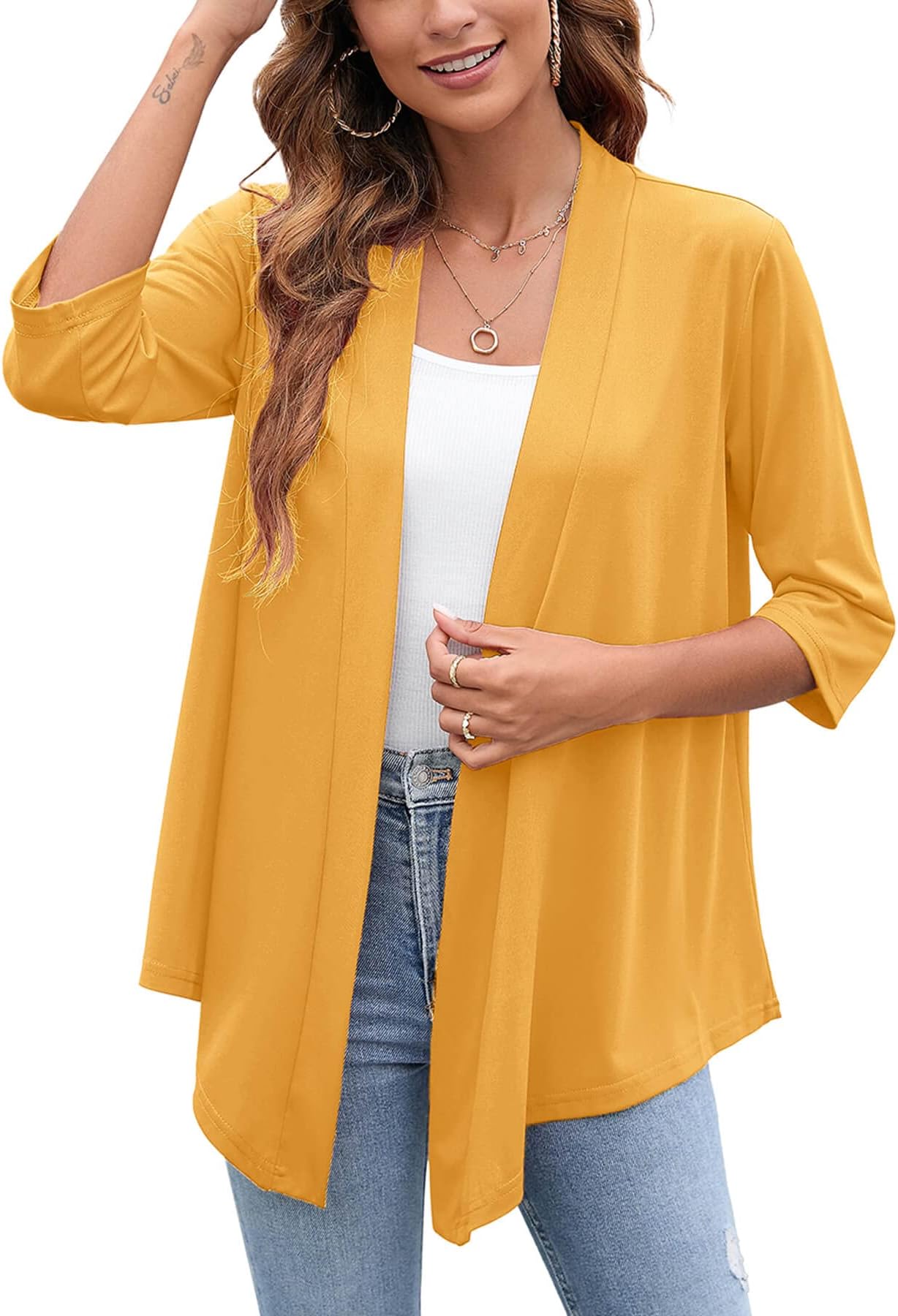 Women's Lightweight Open Front Cardigans 3/4 Sleeve Casual Soft Drape Fall Cardigan S-2XL