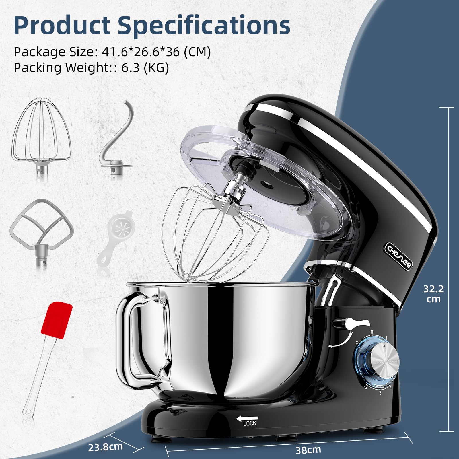 CHeflee Küchenmaschine Teigmaschine 2000W Knetmaschine,Mit 6.2L EdelstahlschüSsel,6 Geschwindigkeit Reduzierte GeräUsche,Mit RüHrbesen,RüHrhaken,SpritzwassergeschüTzter Knetmaschine Mit Knethaken