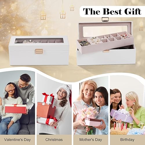 Miniatura 6 de Dajasan Cajas de joyería para mujeres y niñas, caja organizadora de joyas, caja organizadora de joyas de 2 capas con tapa transparente, organizador