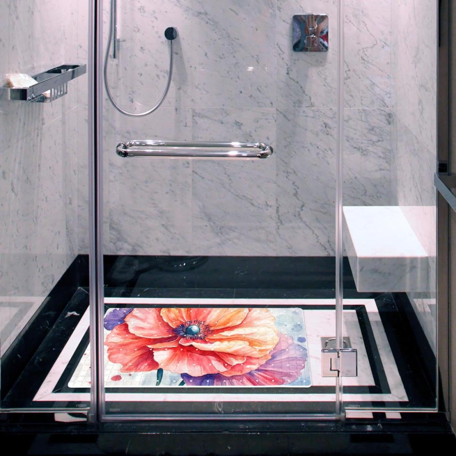 Badematte für Badewanne, Motiv: Aquarell-Blumenmalerei, rutschfest, rechteckig, Duschmatte mit Saugnäpfen, maschinenwaschbar, Badezimmermatte, 39,9 x 70,9 cm