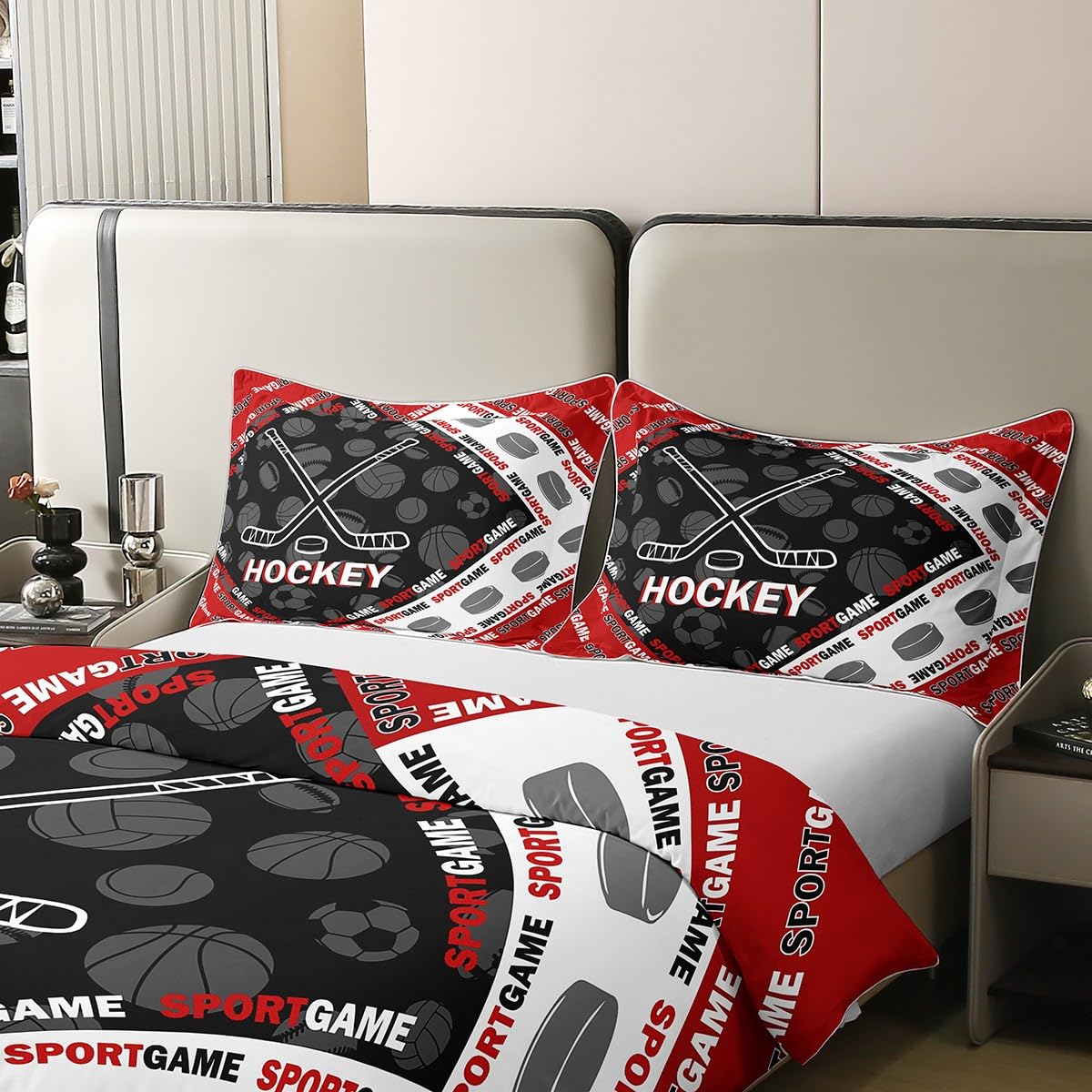 Set di biancheria da letto in 100% cotone naturale con motivo hockey su ghiaccio, rosso, nero, bianco, con palline, per bambini, ragazzi, adolescenti, adulti, stile moderno, stile sport estremi, con 1