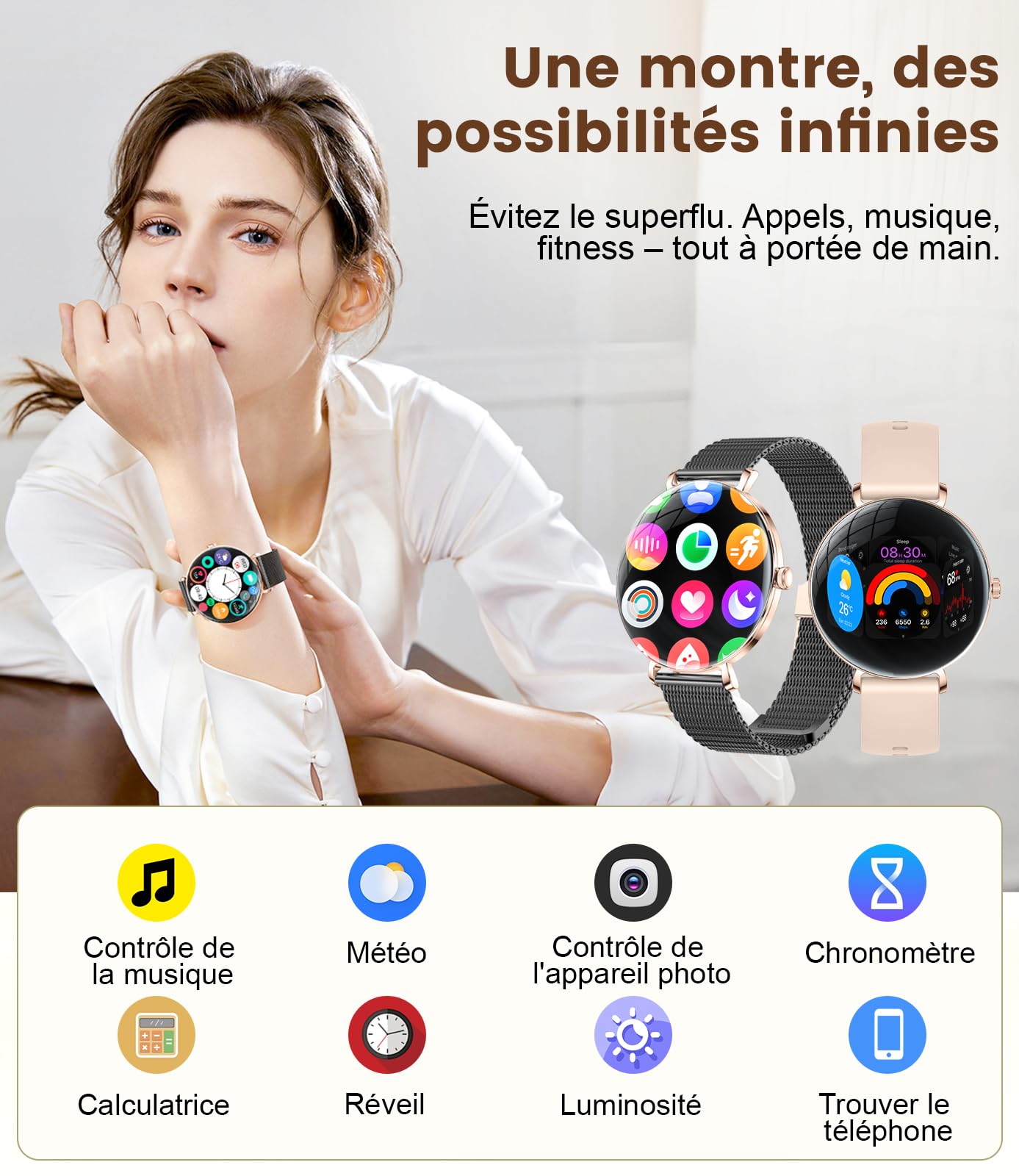 BENYAR SMART Montre Connectée Femme, 1.43" Ultra-Fin Écran AMOLED avec Appel Bluetooth, Santé Féminine, Étanche IP68, 110 + Modes Sportifs, Podomètre, Smartwatch Femme pour iOS Android, Maille Noire