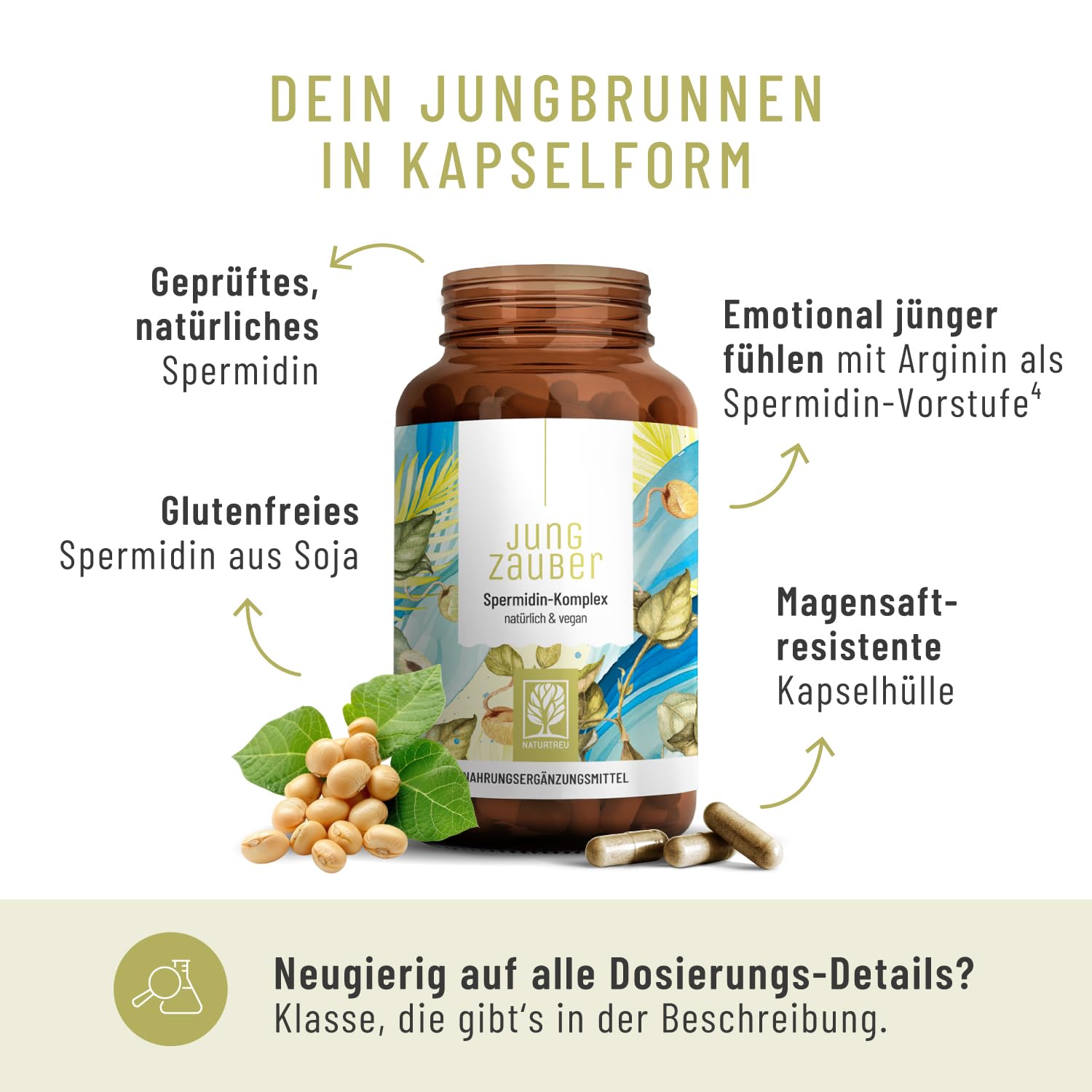 NATURTREU® Spermidin Kapseln hochdosiert mit hochwertigen Spermidin, L-Arginin, Bifidobakterien & Vitamin B6 - vegan - 120 magensaftresistente Kapseln - in Deutschland produziert & laborgeprüft
