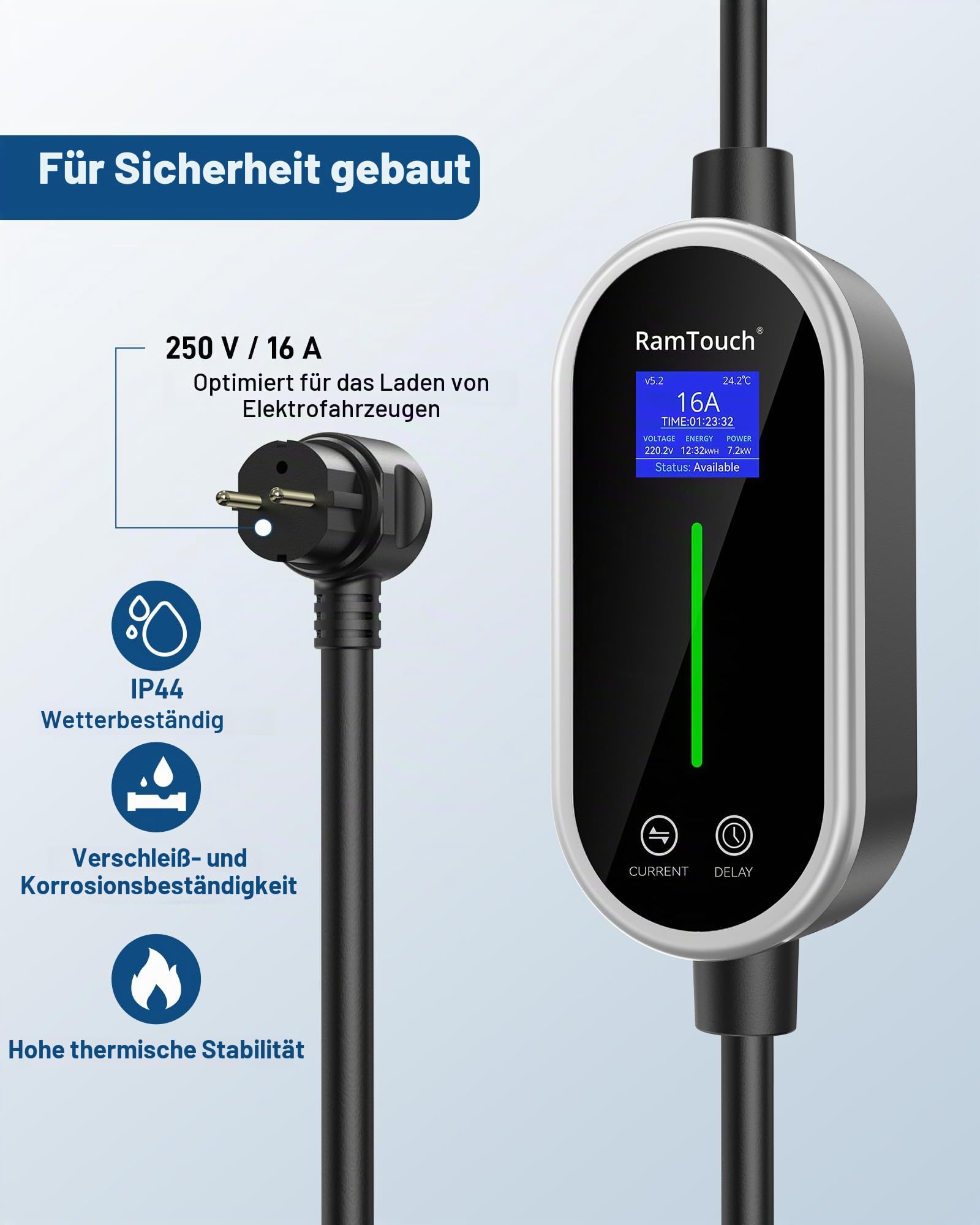 Ladekabel Elektroauto Typ 2 Schuko 3,68 kW (230 V, 16 A, 1-phasig, 15,5 m) | Mobile Wallbox/Tragbare Ladestation mit Display | für alle E-Autos & Plug-in-Hybride (PHEV)