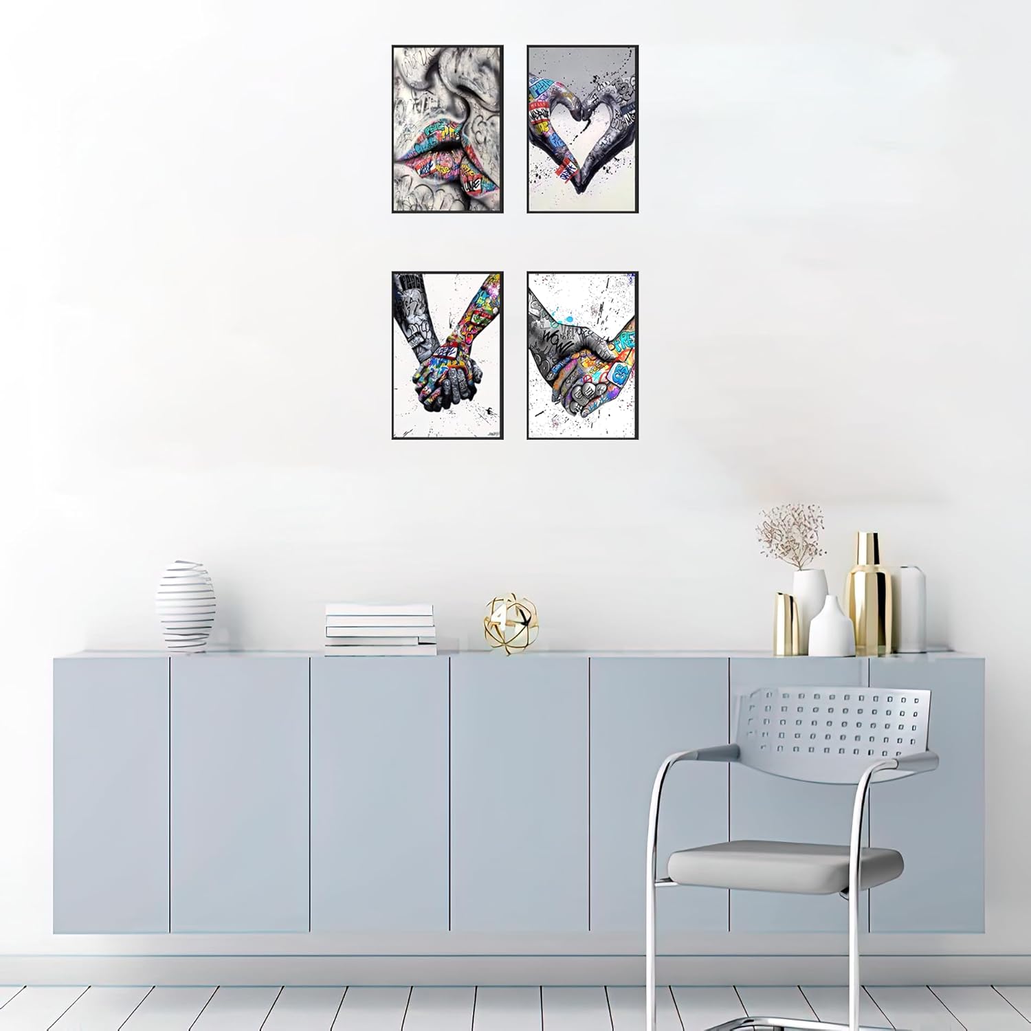 KLPOARTQ Street Graffiti Art Poster Couple Love Heart Mural Set of 4 Frames Prints Wall Decor Canvas