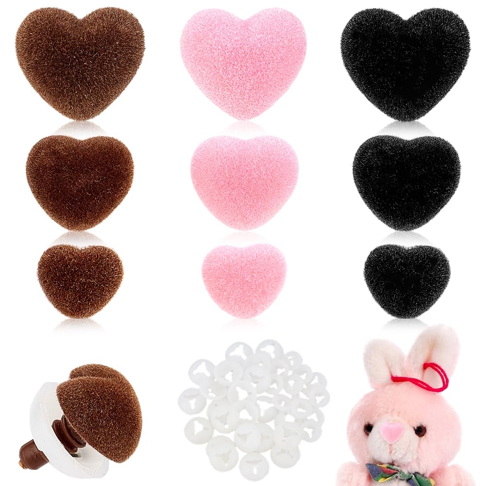 PH PandaHall 36pcs Flocking Safety Noses 3 Sizes Heart Noses Crafts Noses Amigurumi Noses Pink Nose Velvet Stuffed Animal Noses with Washers for Teddy Bear Puppets Plush Animals Crochet Making